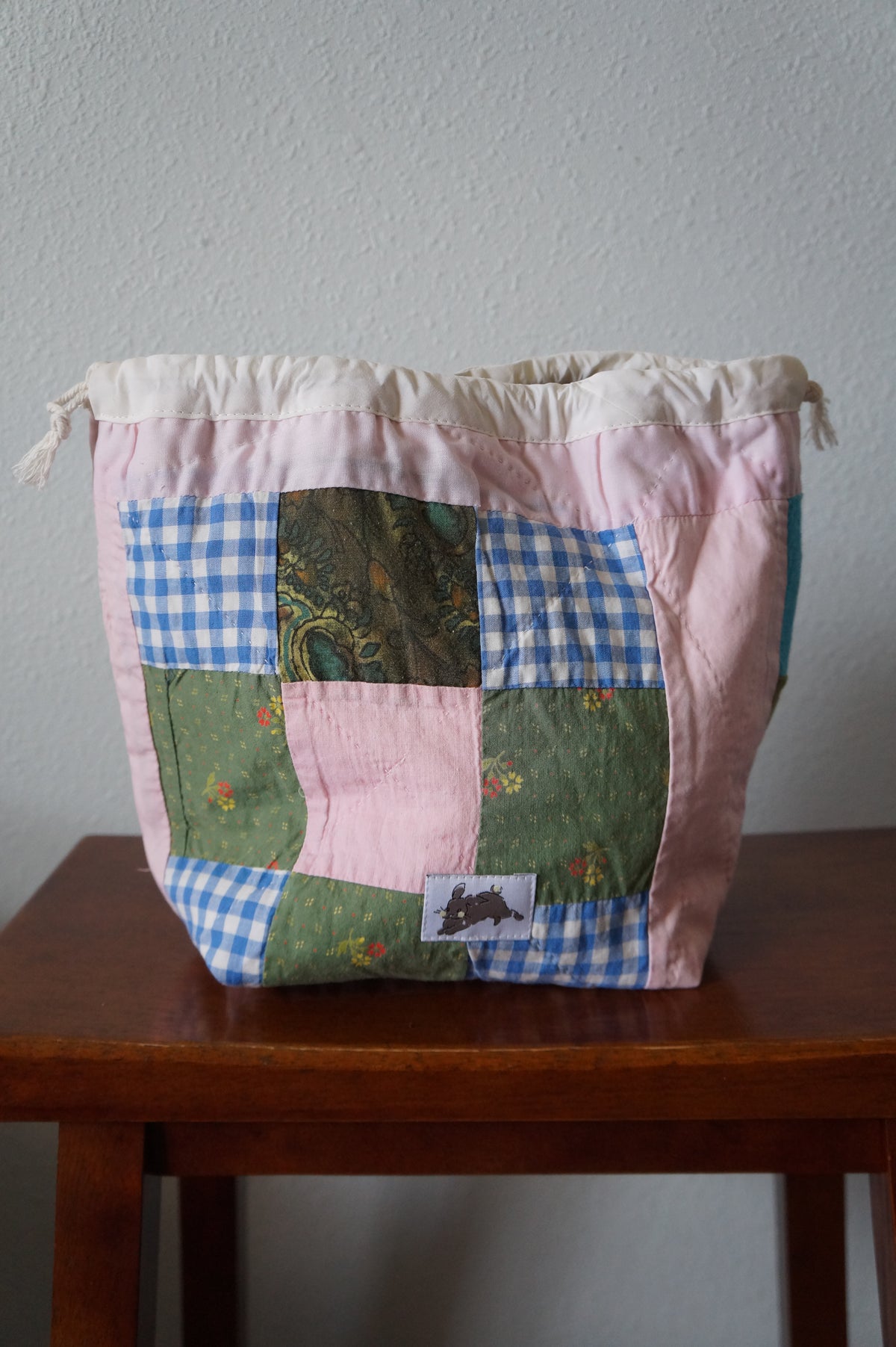 Handmade medium 1/1 vintage pink patchwork quilt drawstring bag