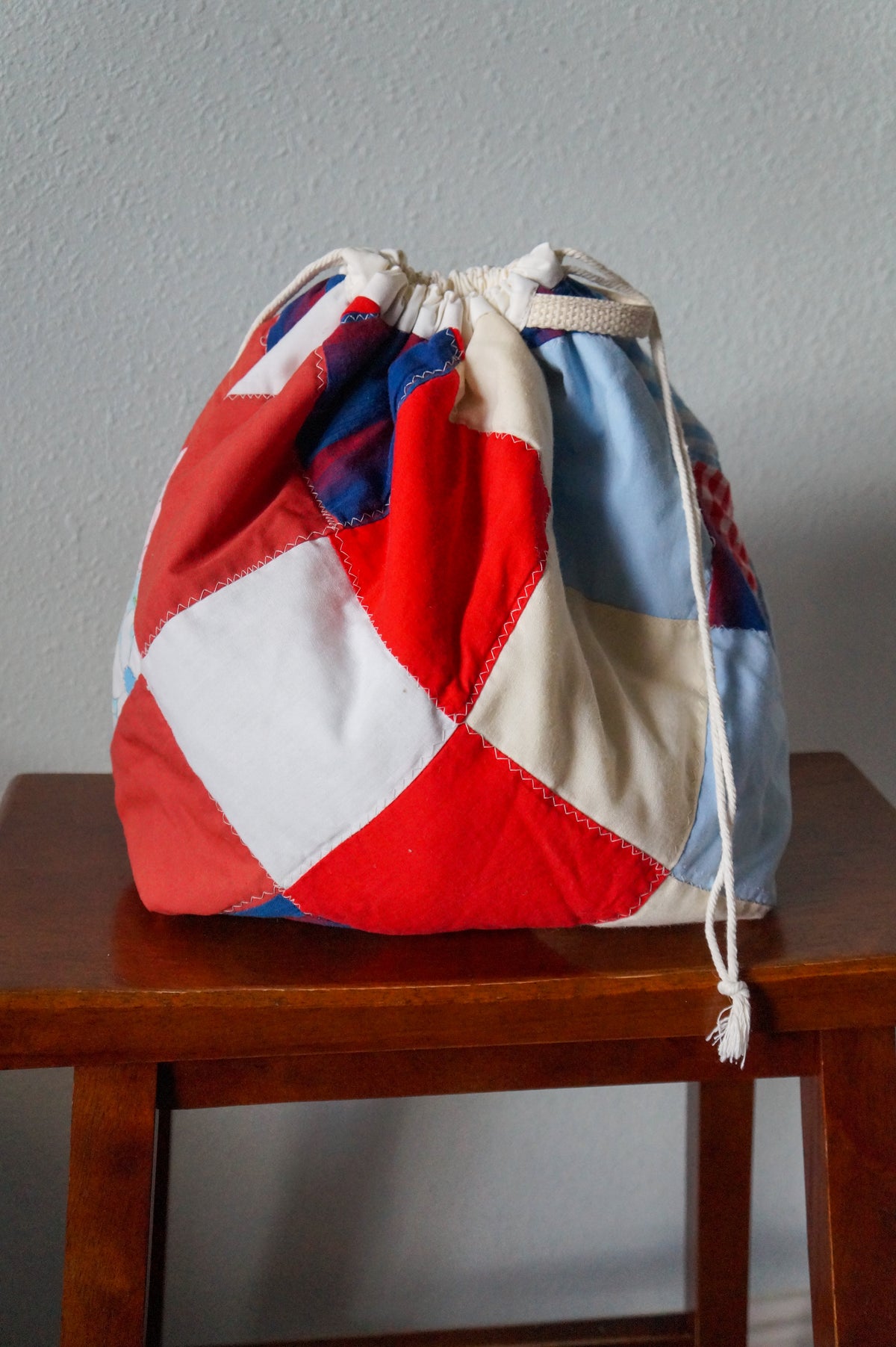 Handmade medium 1/1 vintage patchwork quilt drawstring bag