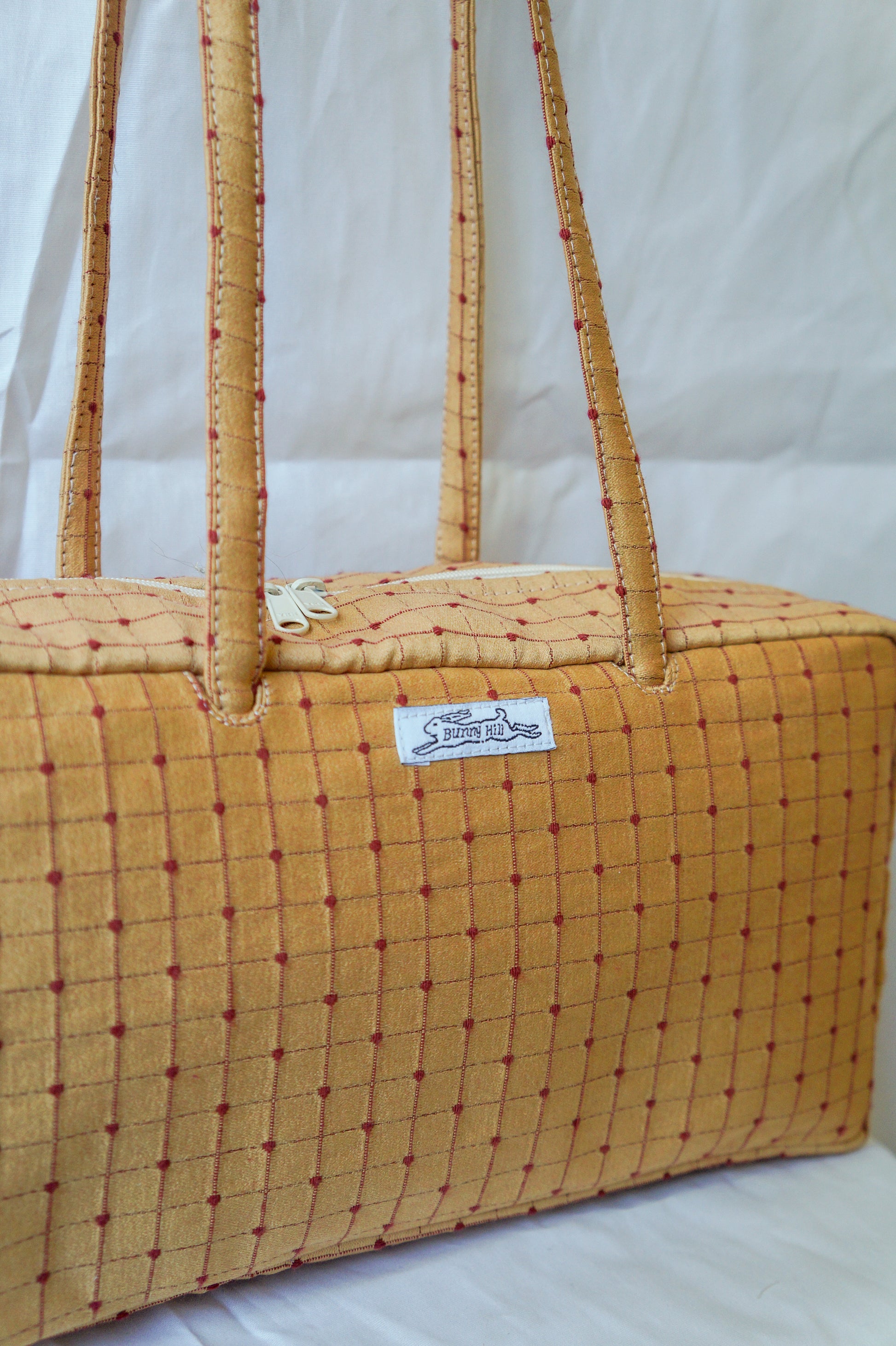 **PRE-ORDER** Handmade gold and brick red upholstery bowler bag