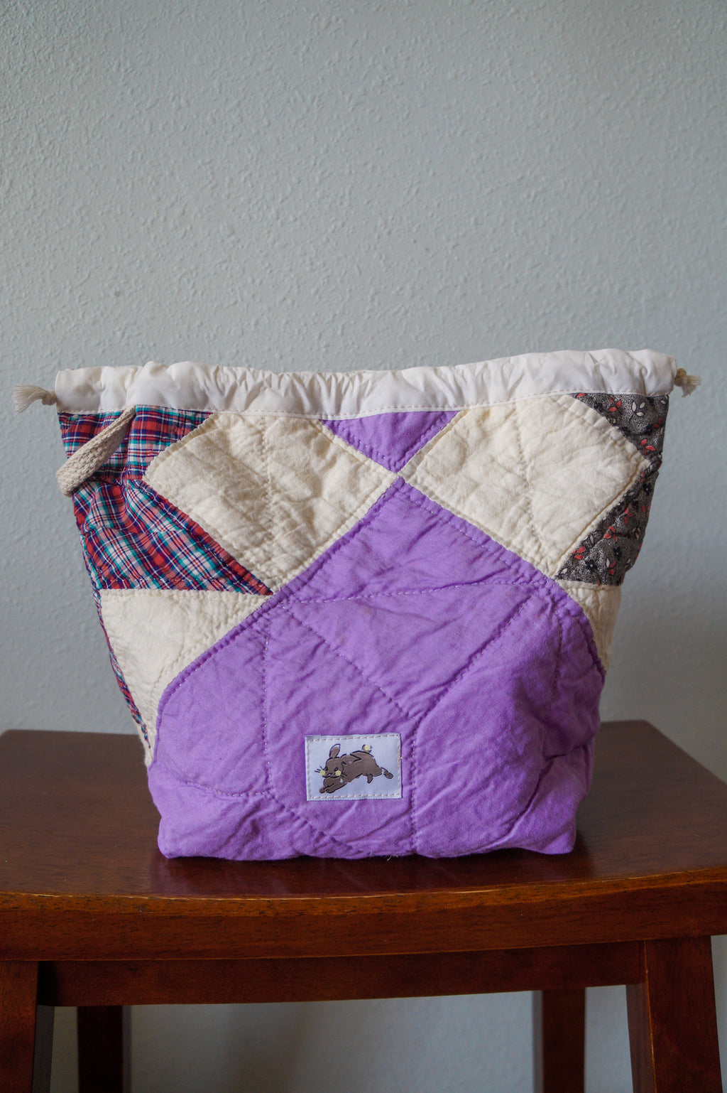 Handmade medium 1/1 vintage purple star quilt drawstring bag
