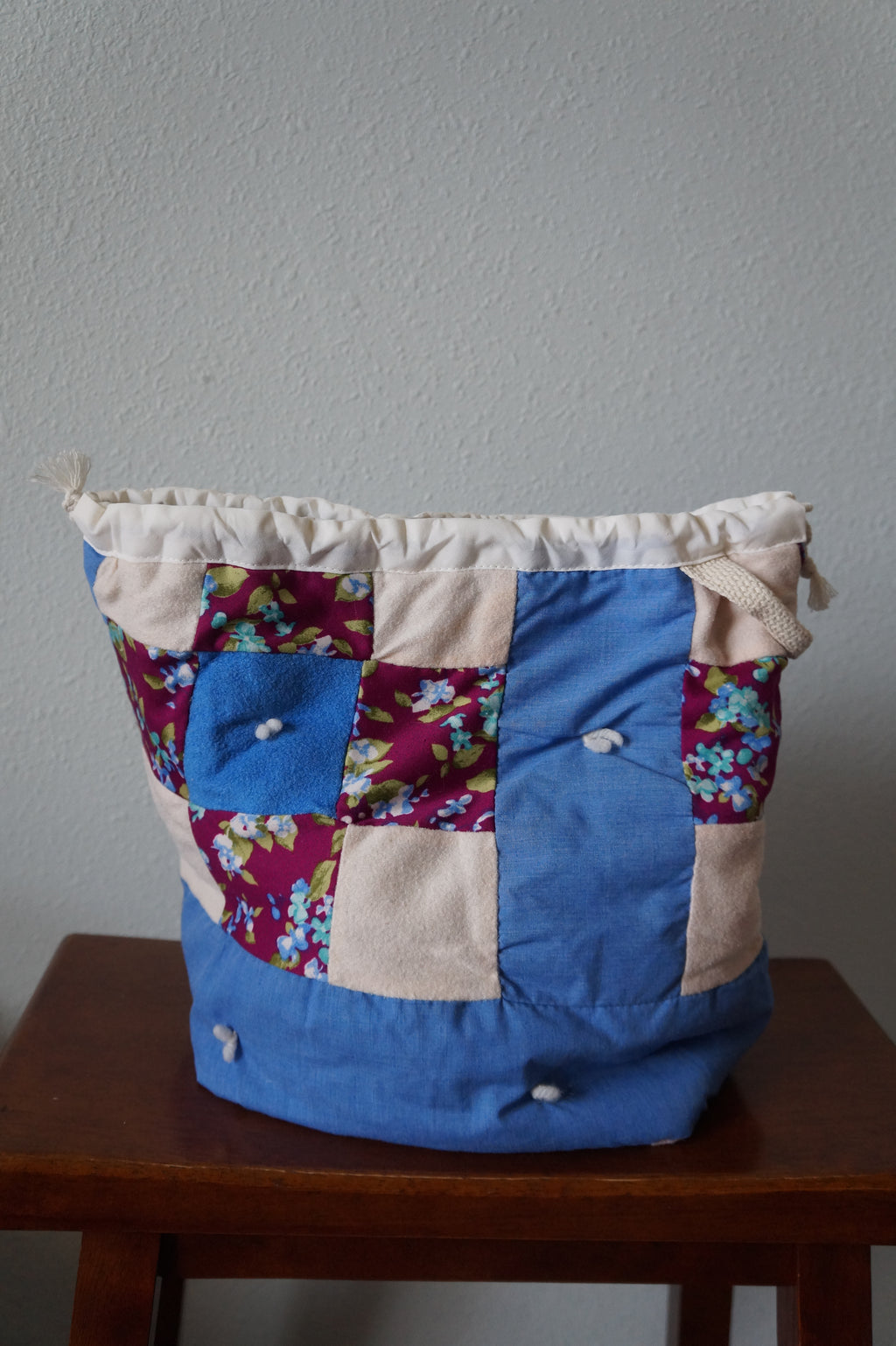 Handmade large 1/1 vintage patchwork quilt drawstring bag