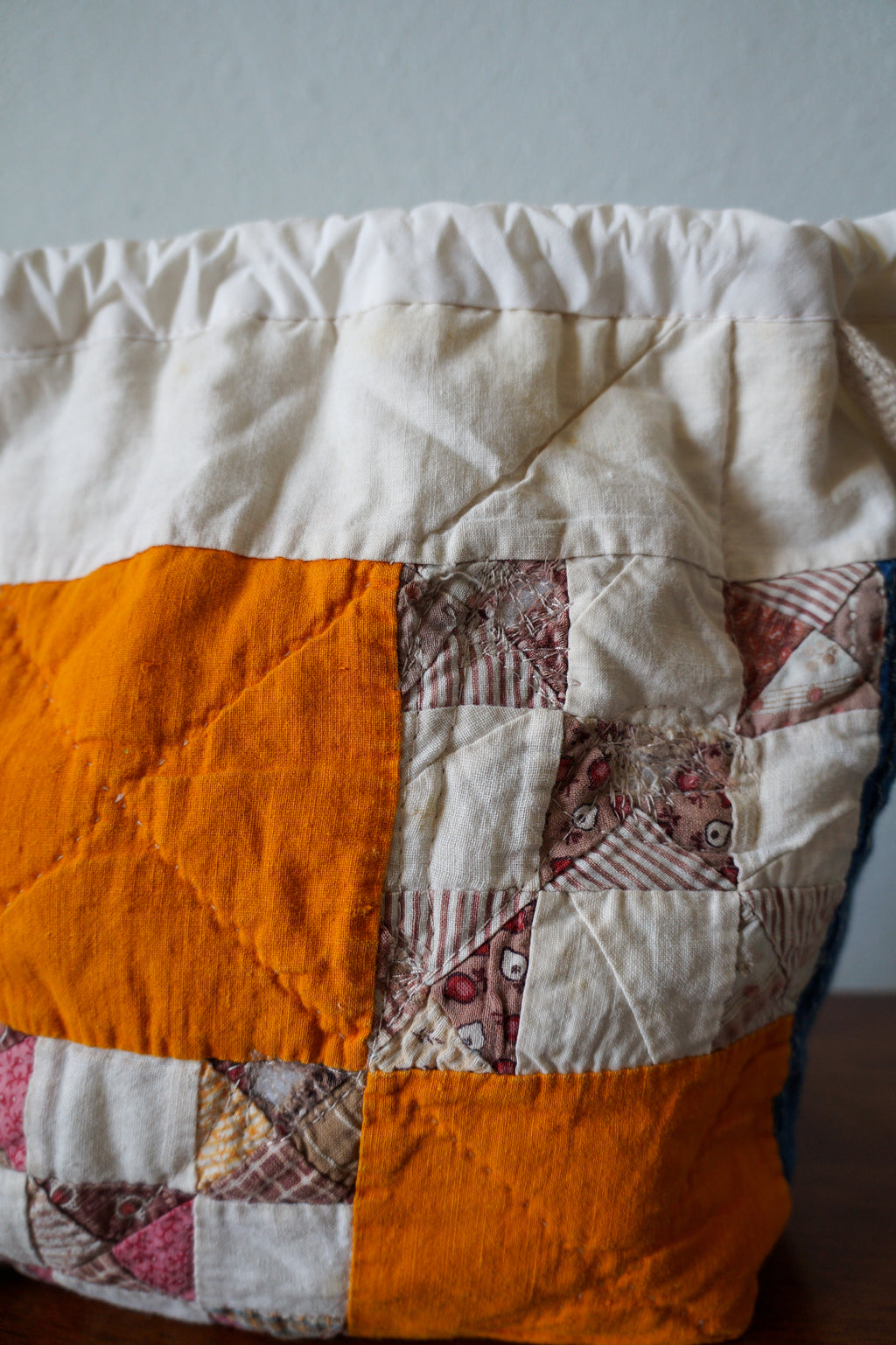 Handmade small 1/1 vintage feedsack quilt drawstring bag