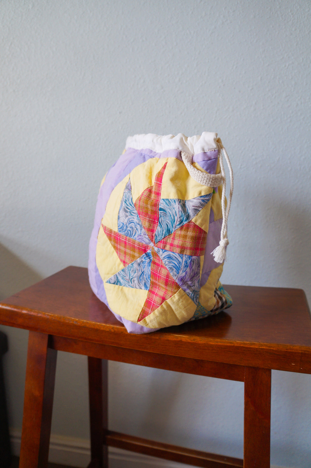 Handmade medium 1/1 vintage star quilt drawstring bag