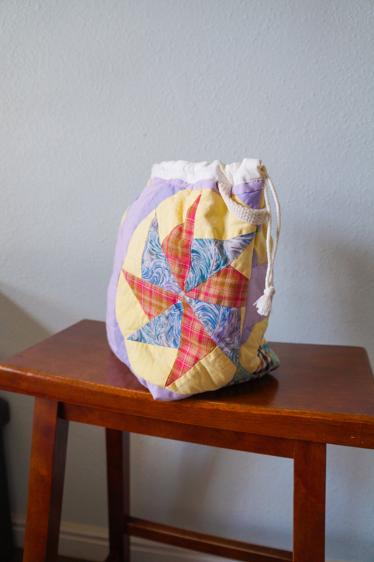 Handmade medium 1/1 vintage star quilt drawstring bag