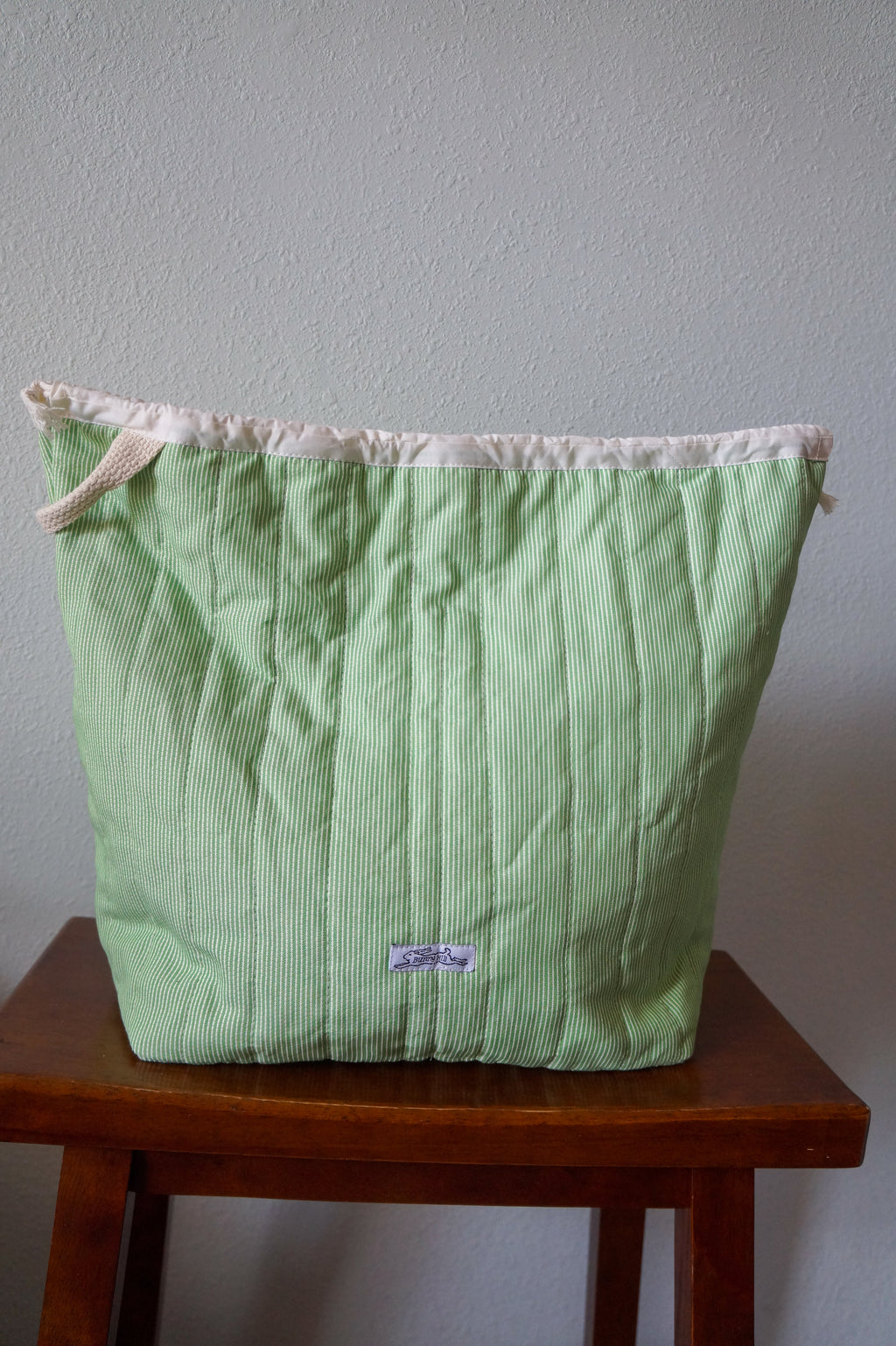 Handmade large 1/1 vintage green stripe quilted drawstring bag