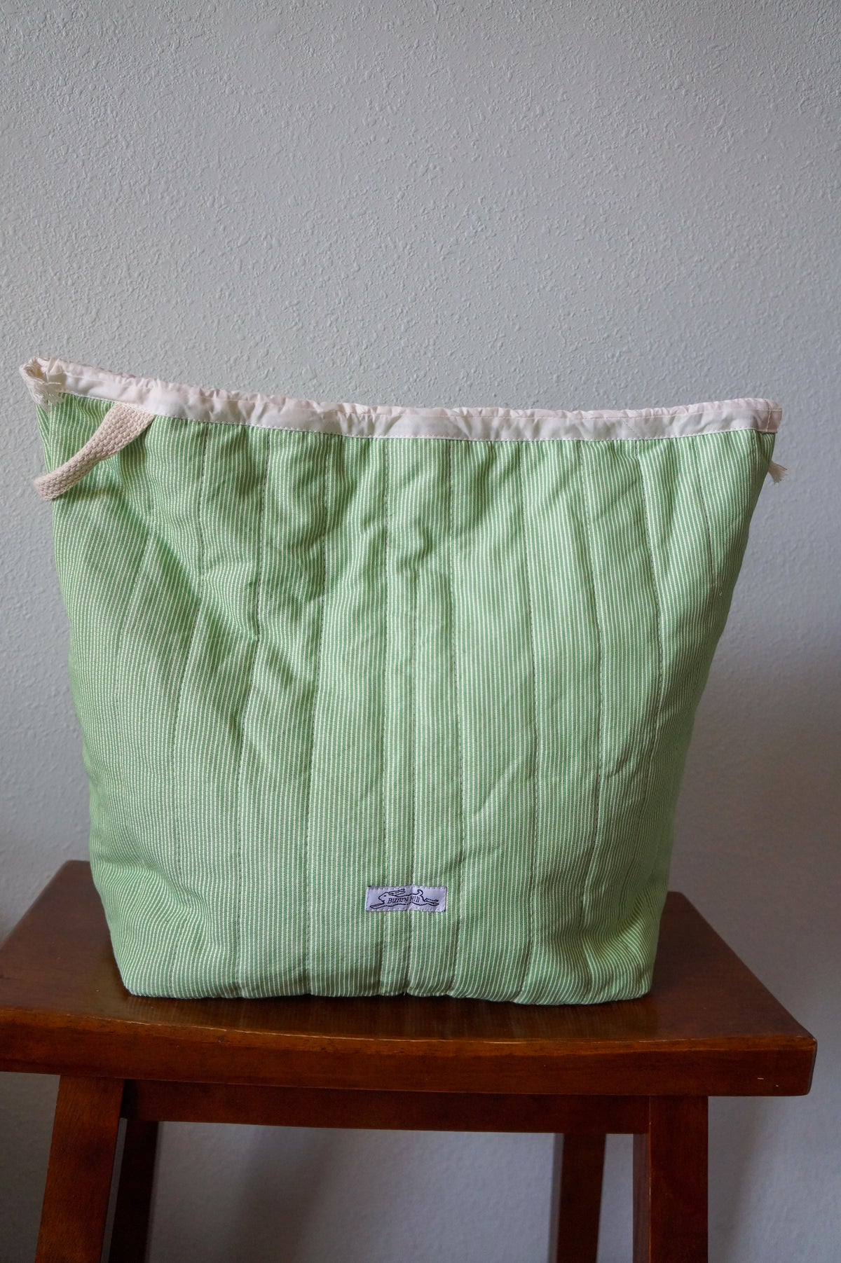 Handmade large 1/1 vintage green stripe quilted drawstring bag