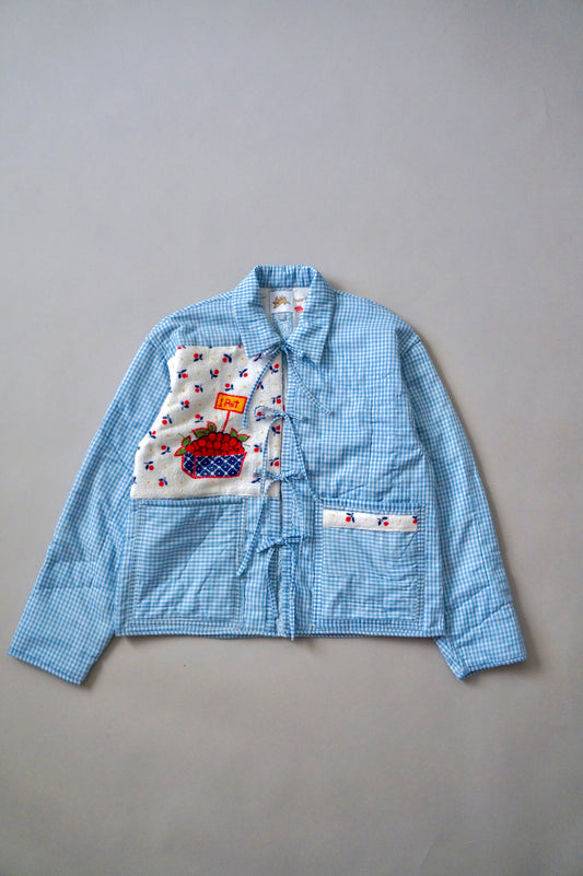 Handmade blue gingham berry tie jacket (S)