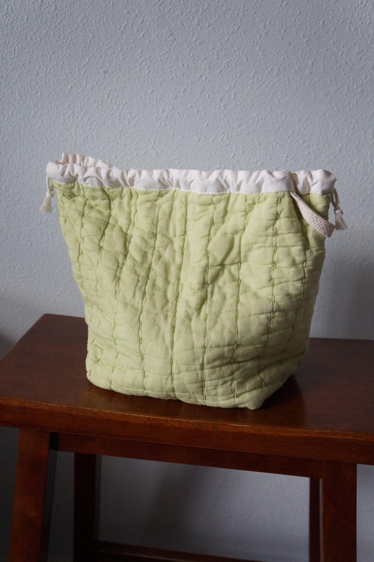 Handmade medium 1/1 vintage green quilt drawstring bag