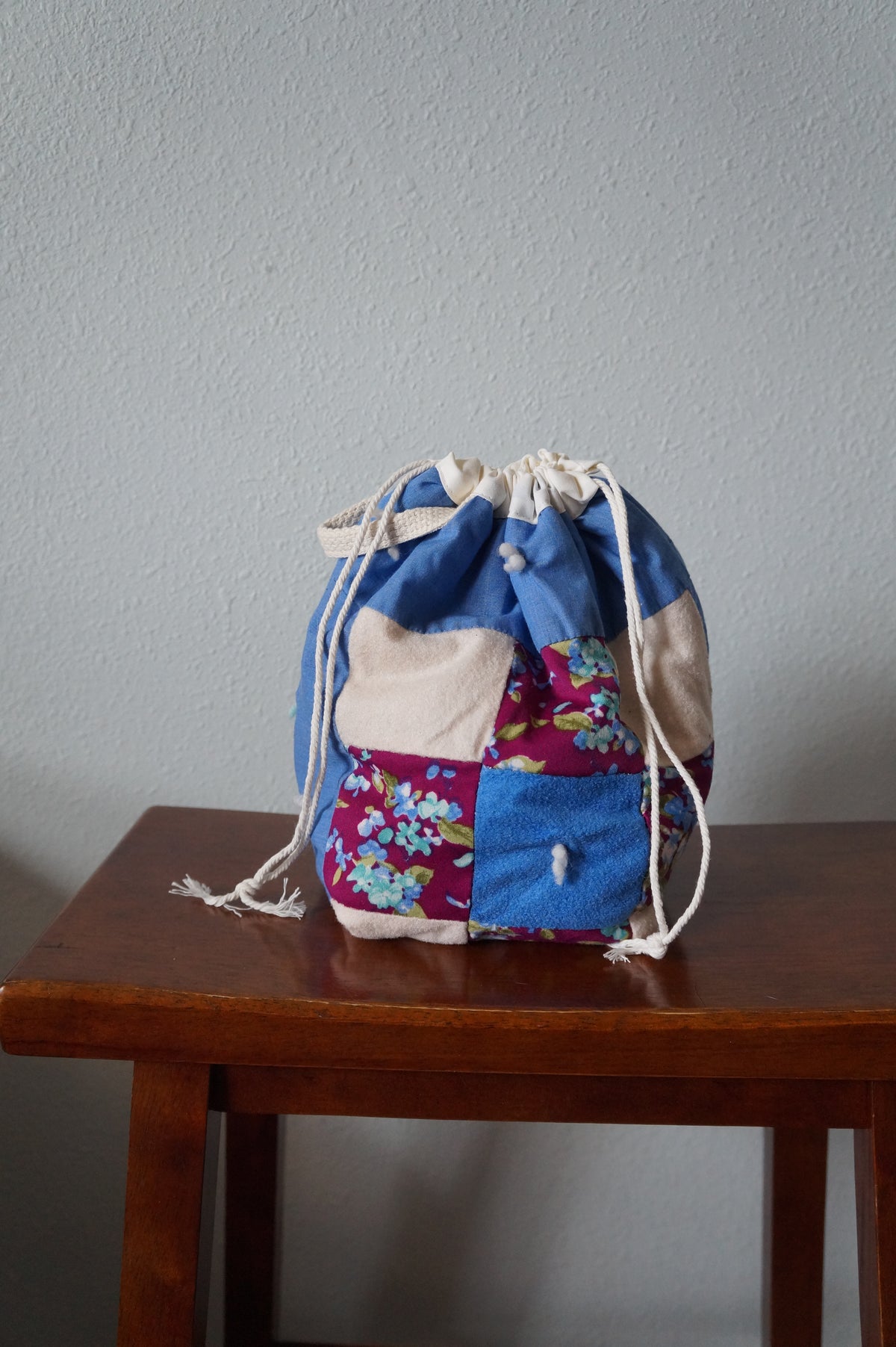 Handmade small 1/1 vintage patchwork quilt drawstring bag