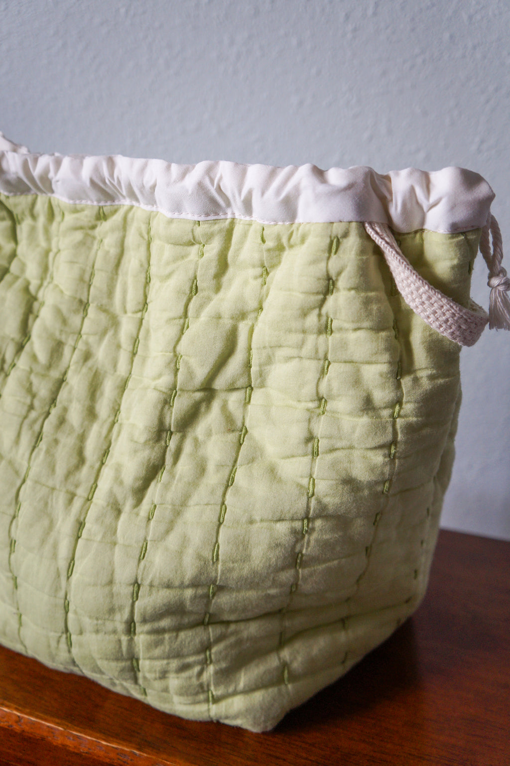 Handmade medium 1/1 vintage green quilt drawstring bag