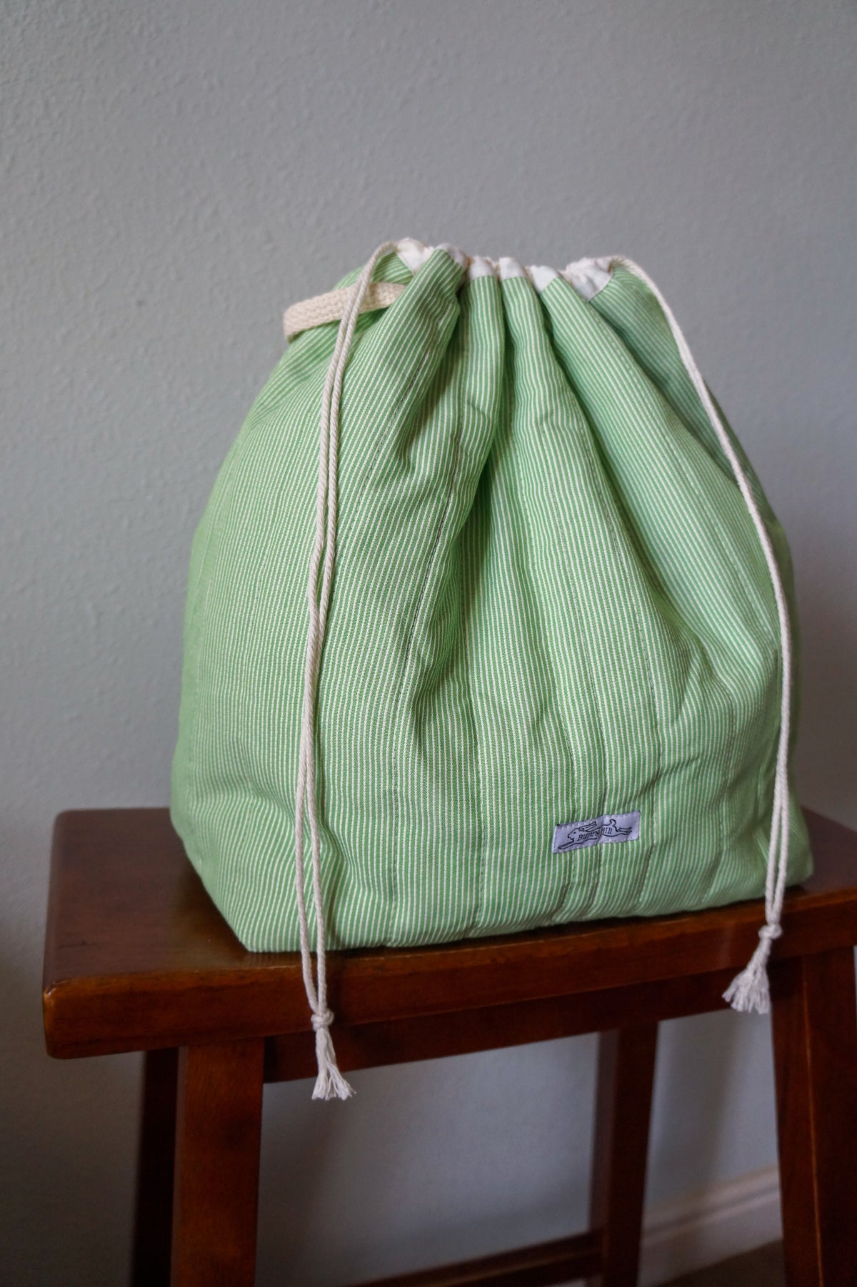 Handmade large 1/1 vintage green stripe quilted drawstring bag