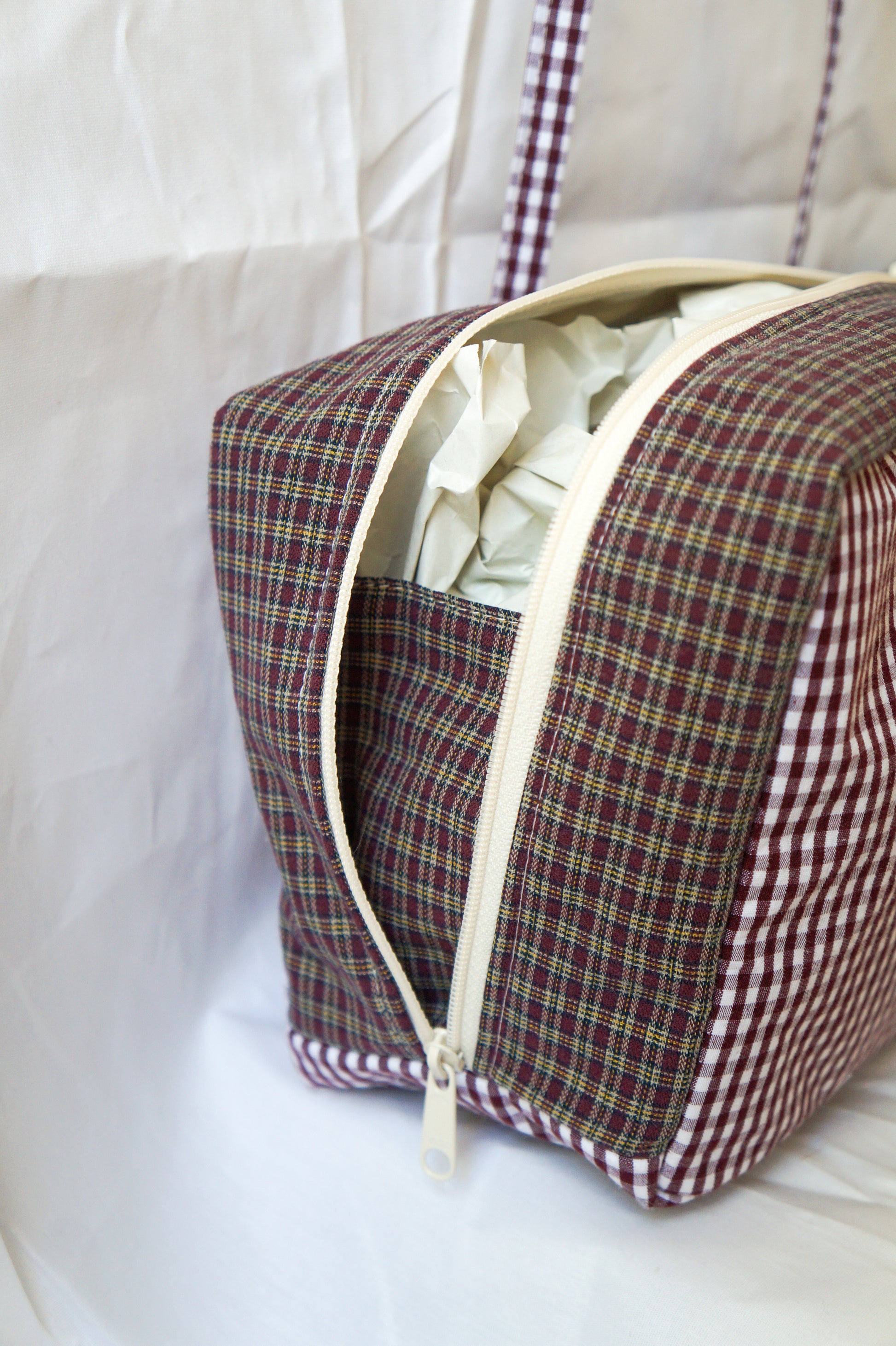 Handmade burgundy gingham and plaid bowler bag