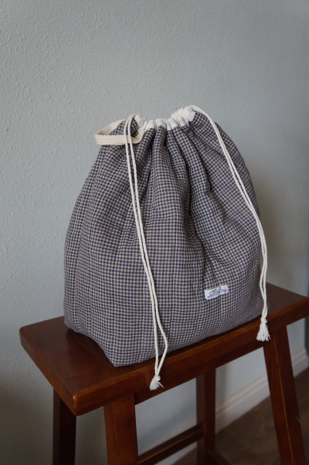 Handmade xlarge 1/1 vintage brown gingham quilted drawstring bag