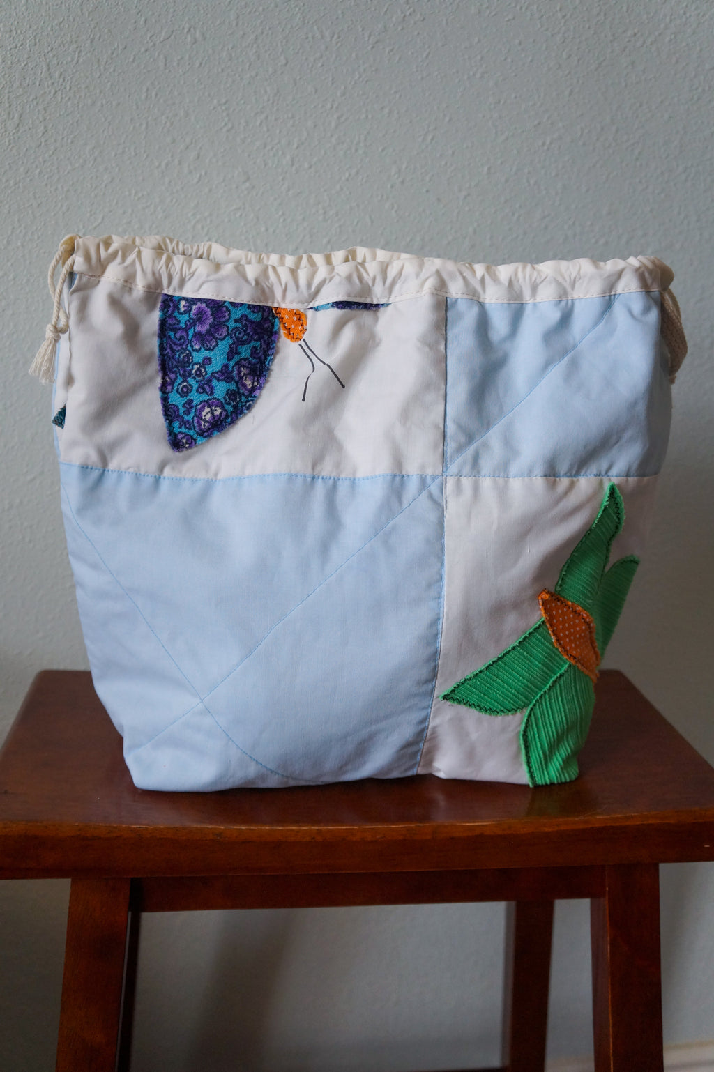 Handmade large 1/1 vintage butterfly quilt drawstring bag