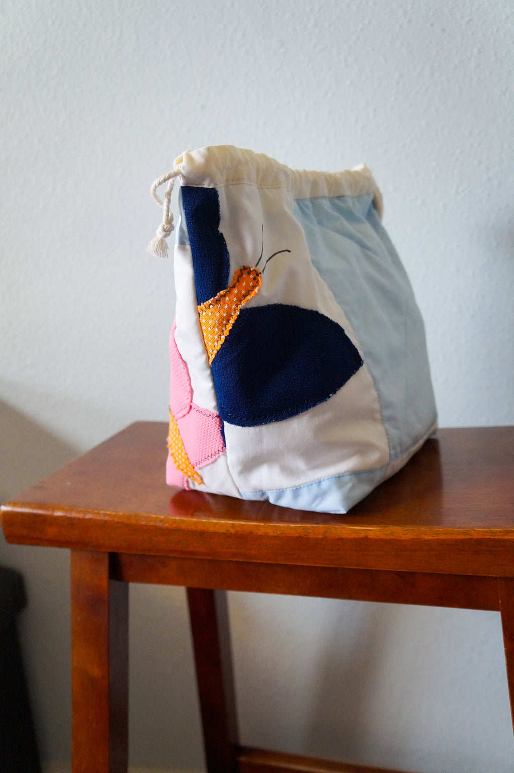 Handmade medium 1/1 vintage butterfly quilt drawstring bag