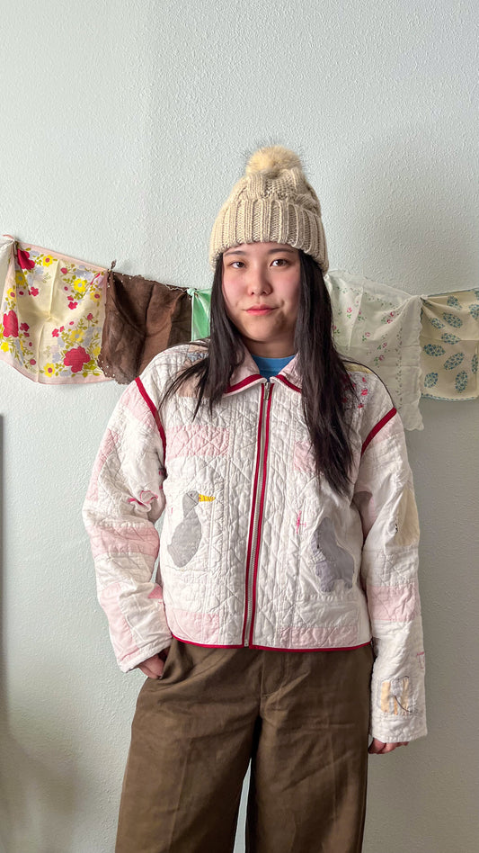 Handmade ABC embroidered pink and red vintage quilt jacket (M)