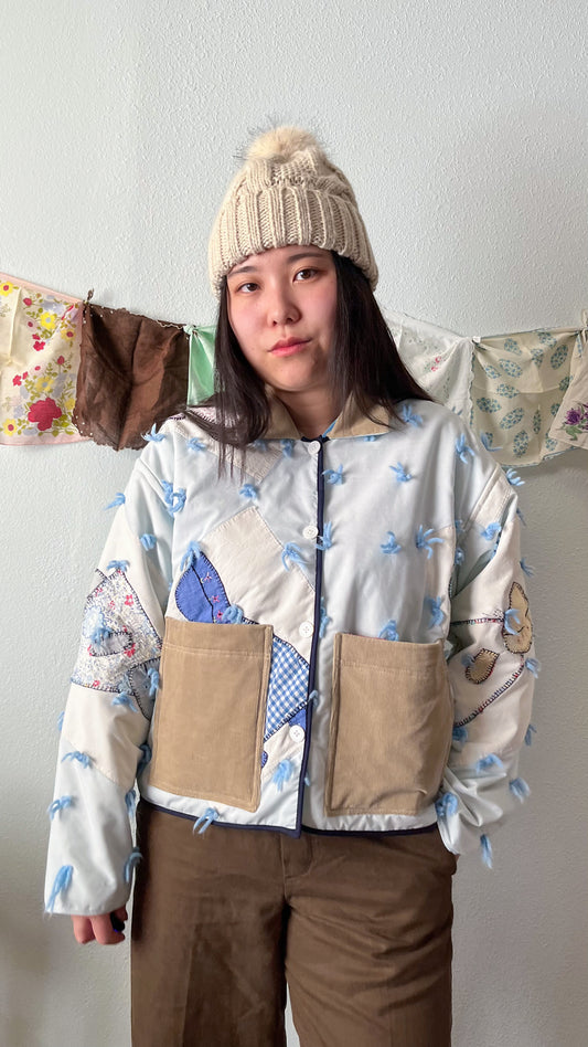 Handmade sky blue sun bonnet sue corduroy boxy chore quilt jacket (M)