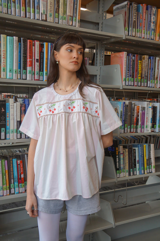 Handmade striped vtg cherry embroidery babydoll blouse (L)