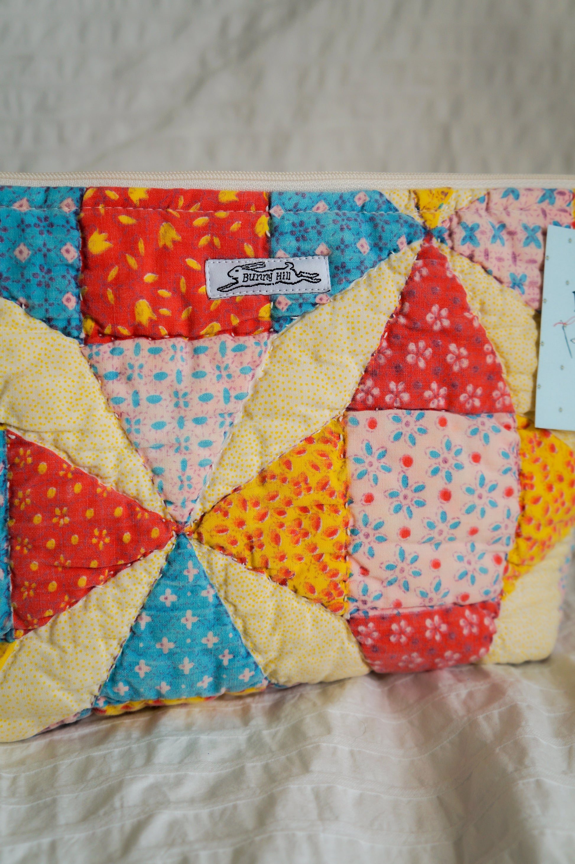 Handmade large feed sack quilt triangle pouch