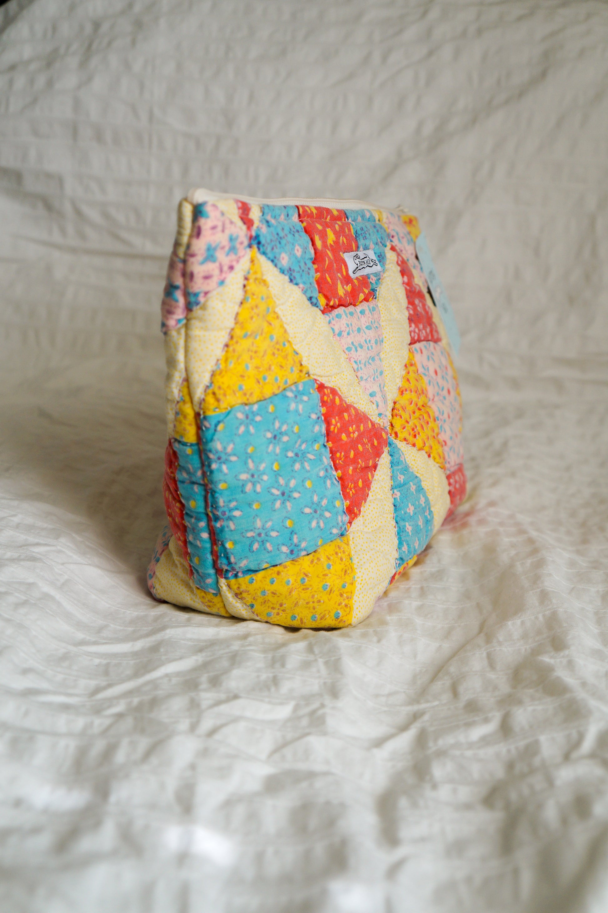 Handmade large feed sack quilt triangle pouch