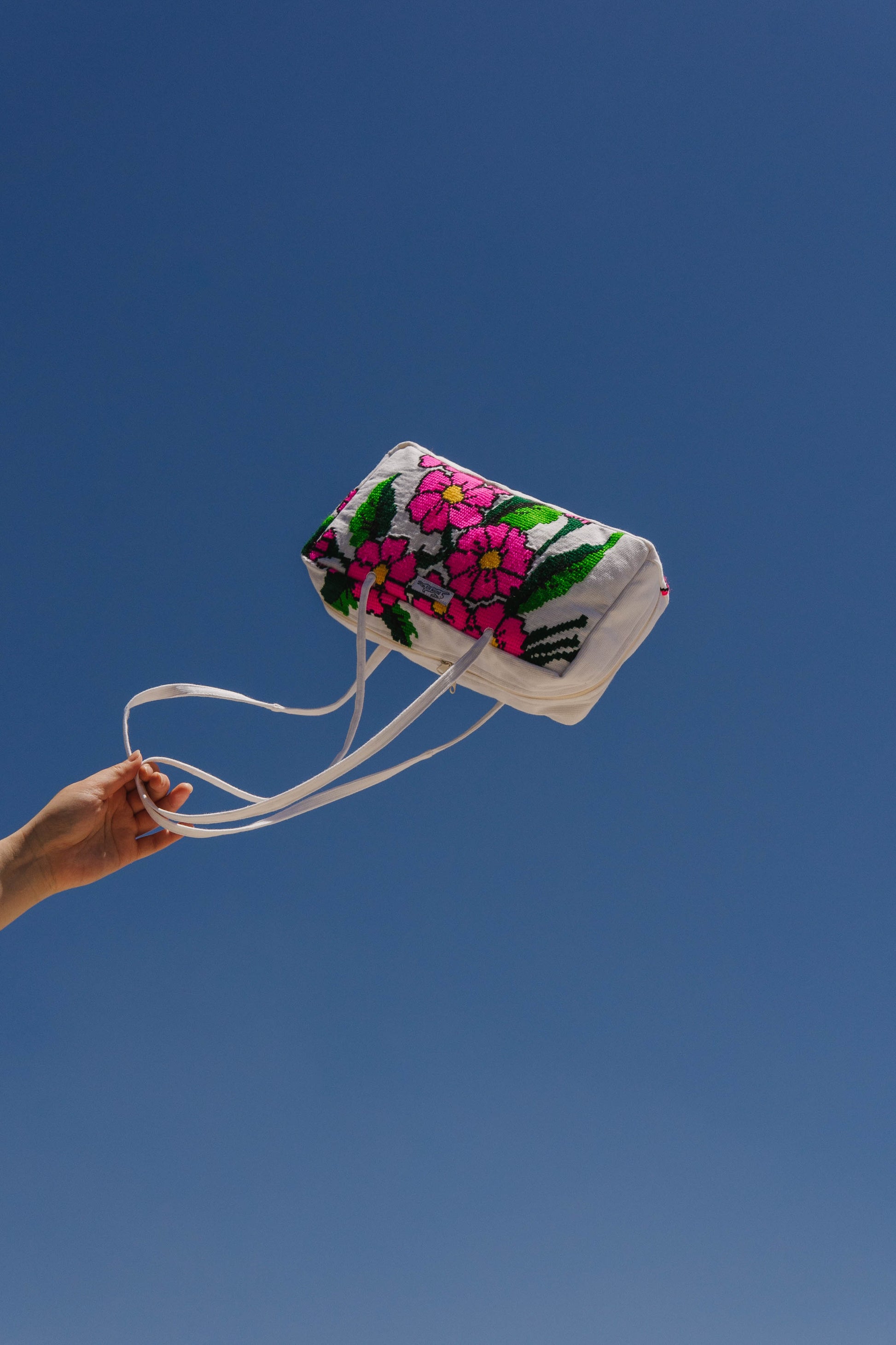 Handmade hot pink flower embroidery bowler bag
