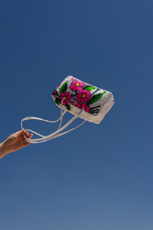 Handmade hot pink flower embroidery bowler bag