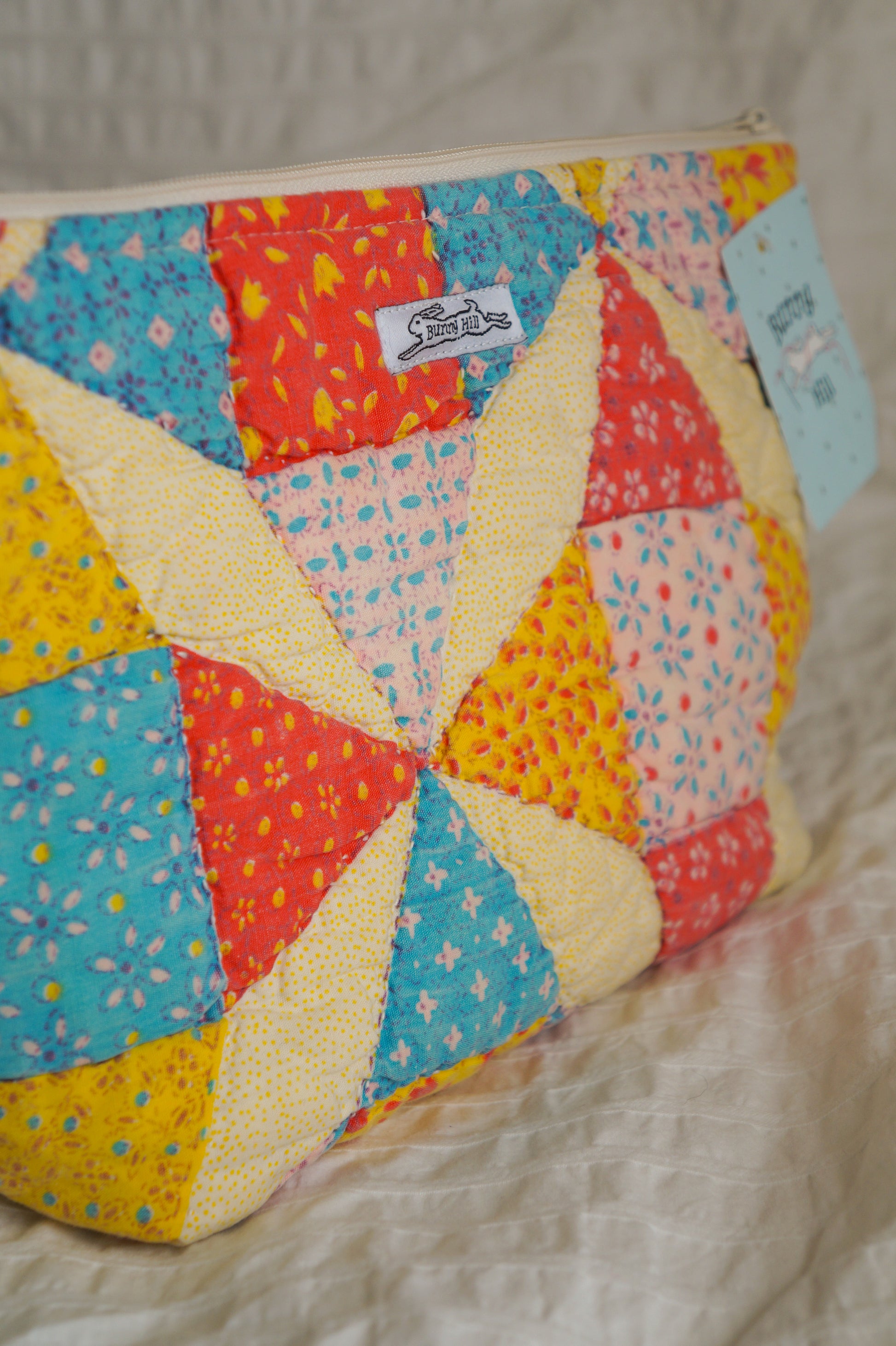 Handmade large feed sack quilt triangle pouch