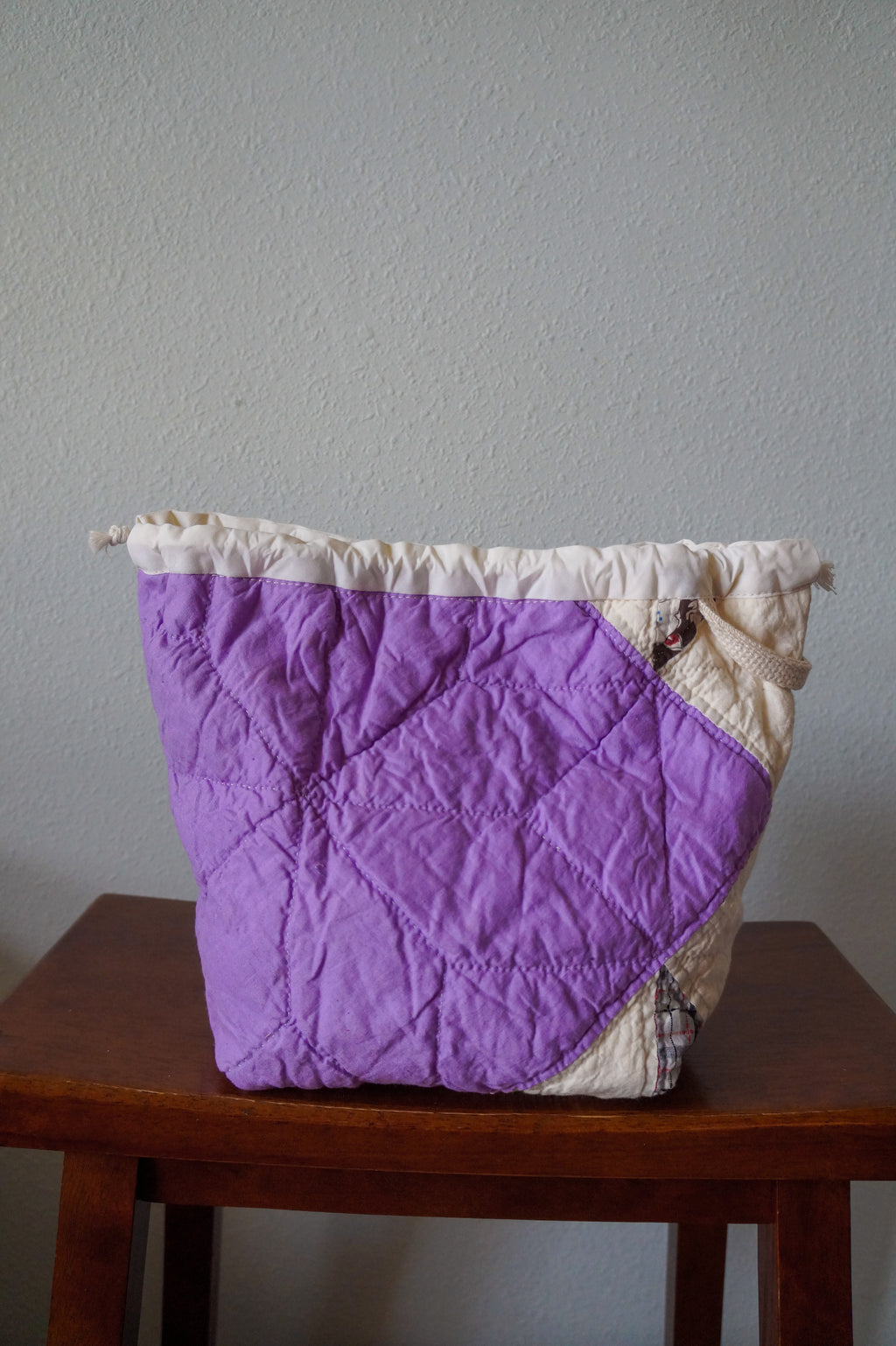 Handmade medium 1/1 vintage purple star quilt drawstring bag