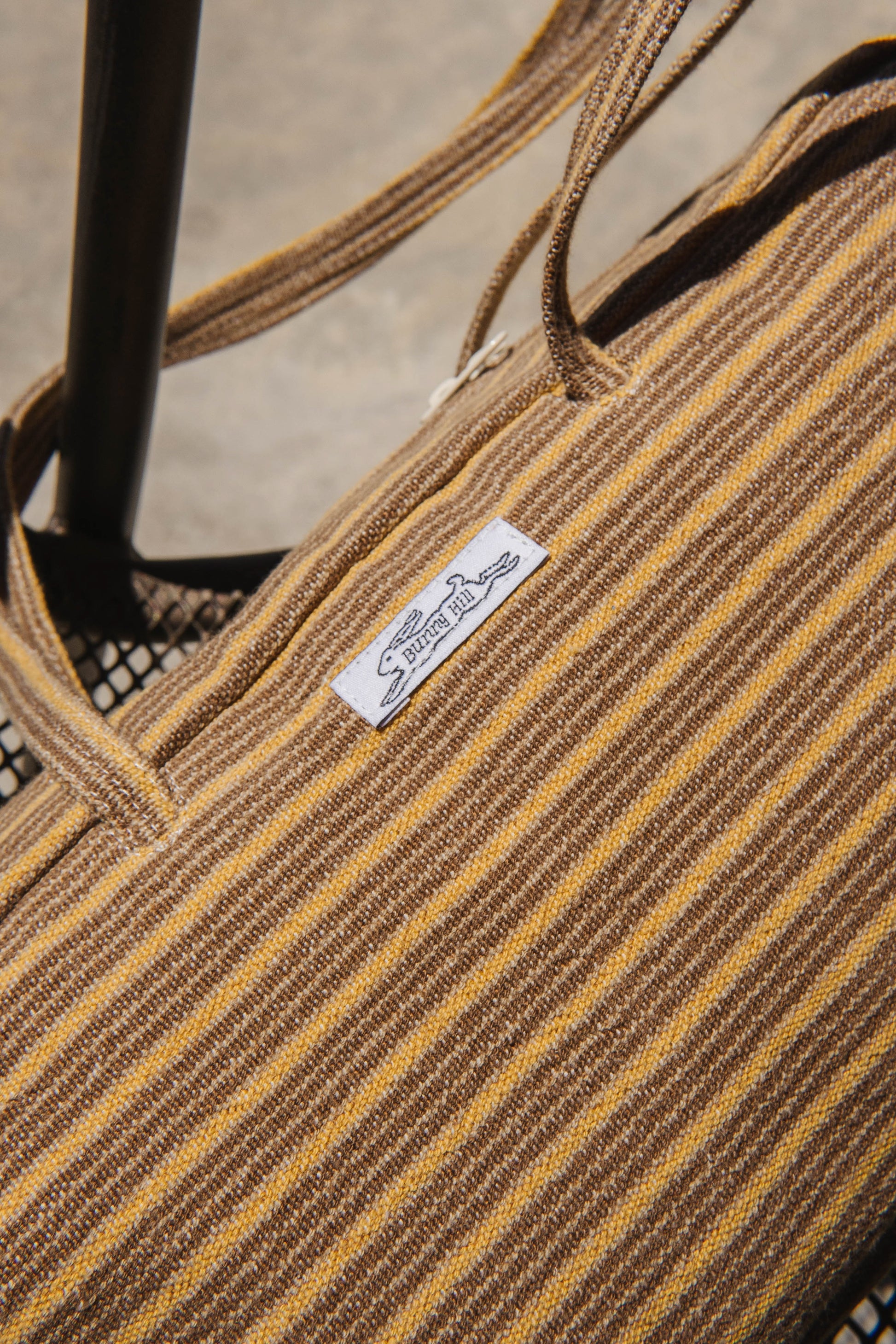 Handmade brown and yellow stripe woven tablecloth bowler bag