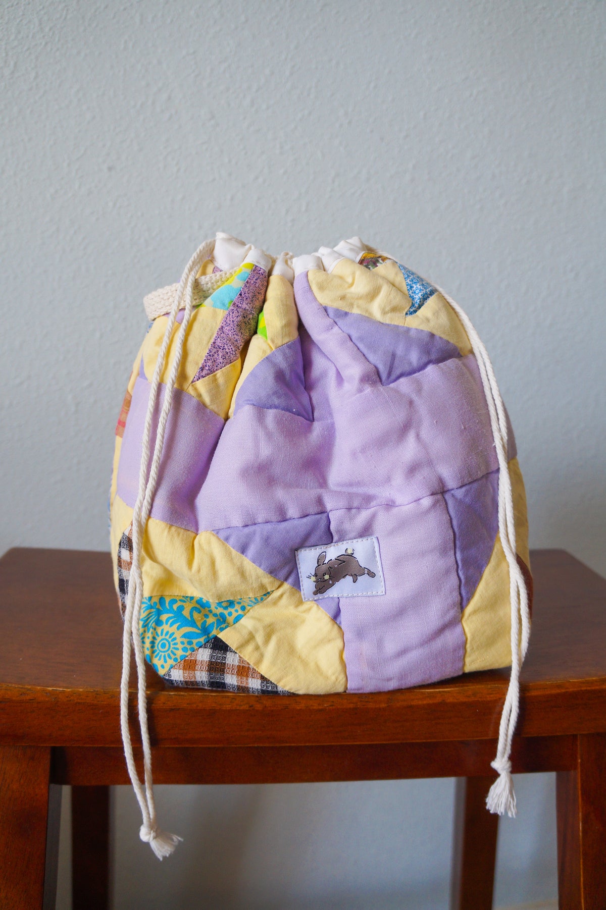 Handmade medium 1/1 vintage star quilt drawstring bag