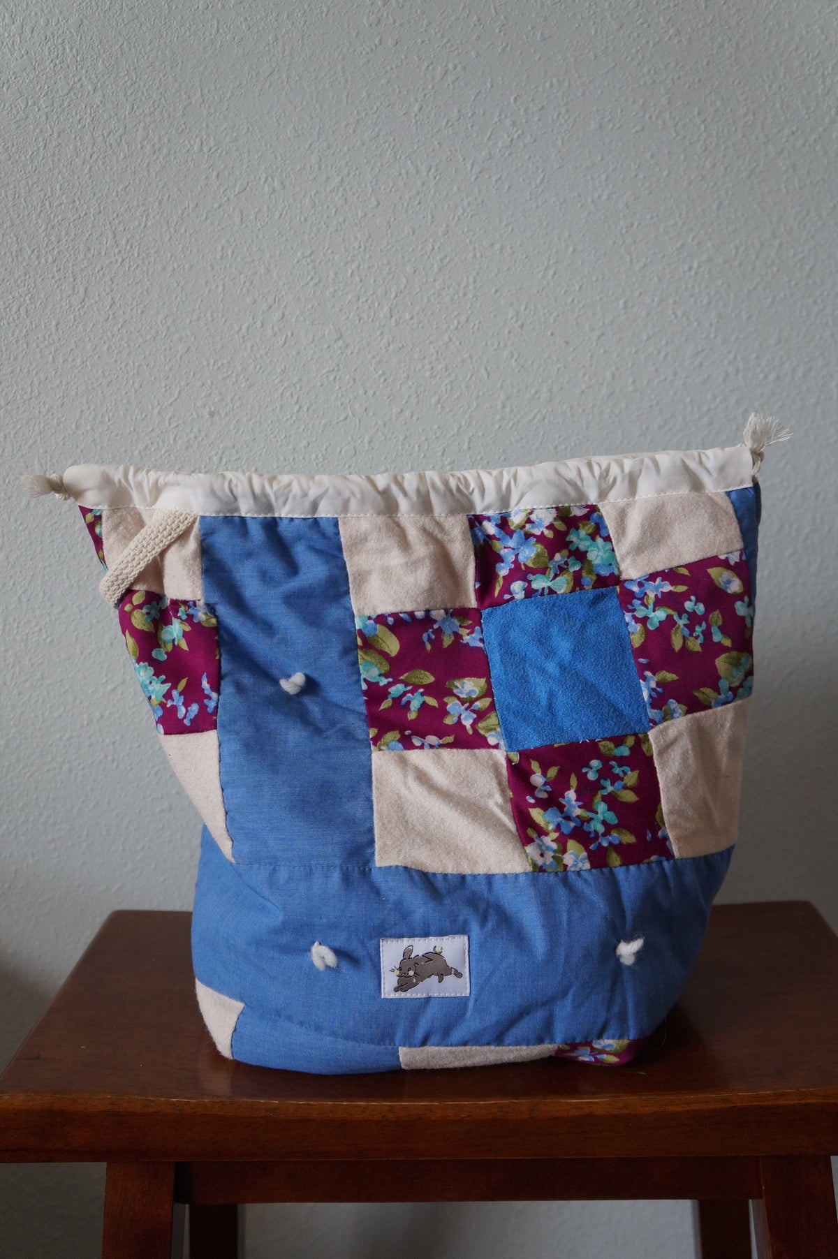 Handmade large 1/1 vintage patchwork quilt drawstring bag