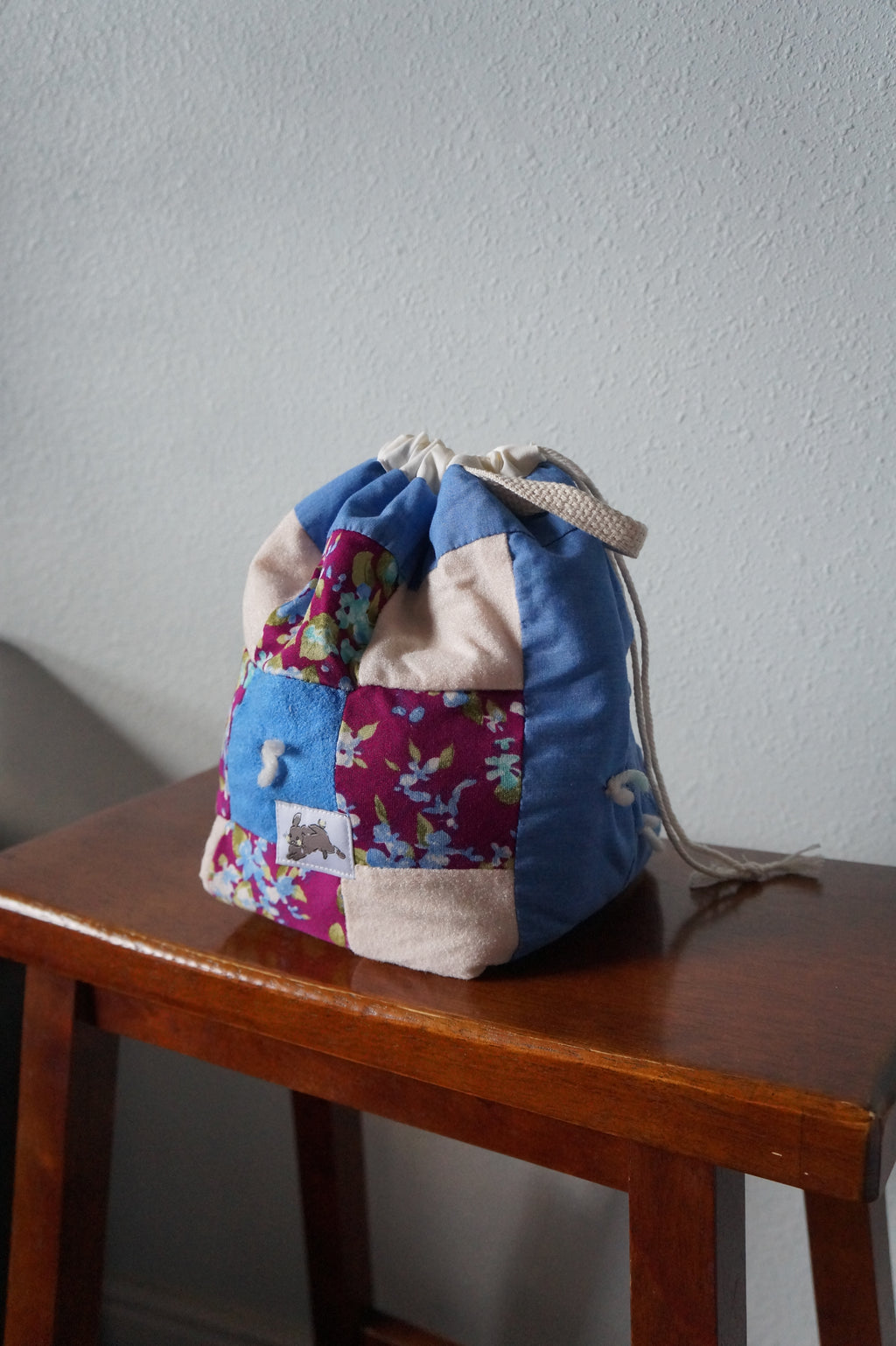Handmade small 1/1 vintage patchwork quilt drawstring bag