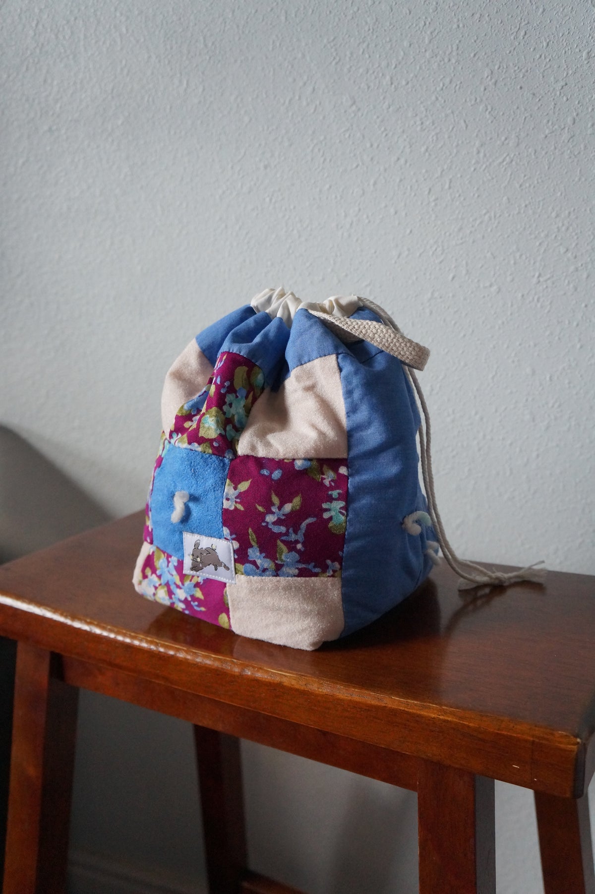 Handmade small 1/1 vintage patchwork quilt drawstring bag