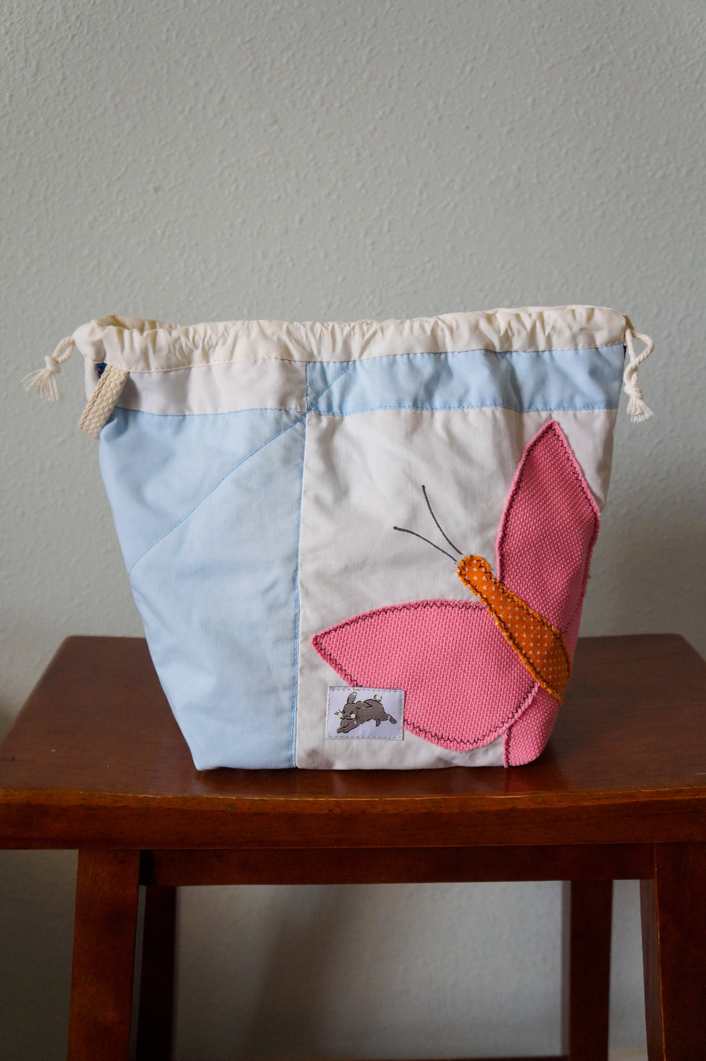 Handmade medium 1/1 vintage butterfly quilt drawstring bag