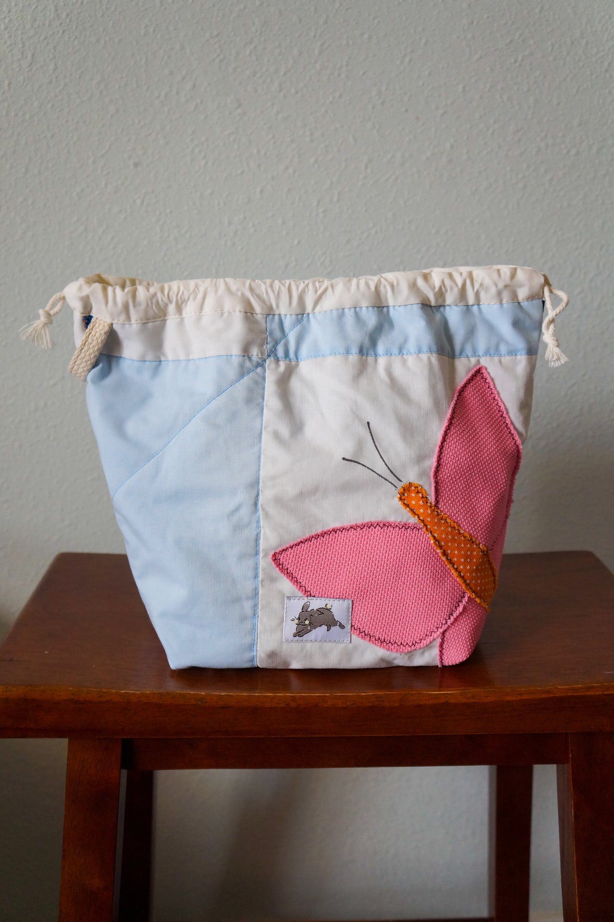 Handmade medium 1/1 vintage butterfly quilt drawstring bag