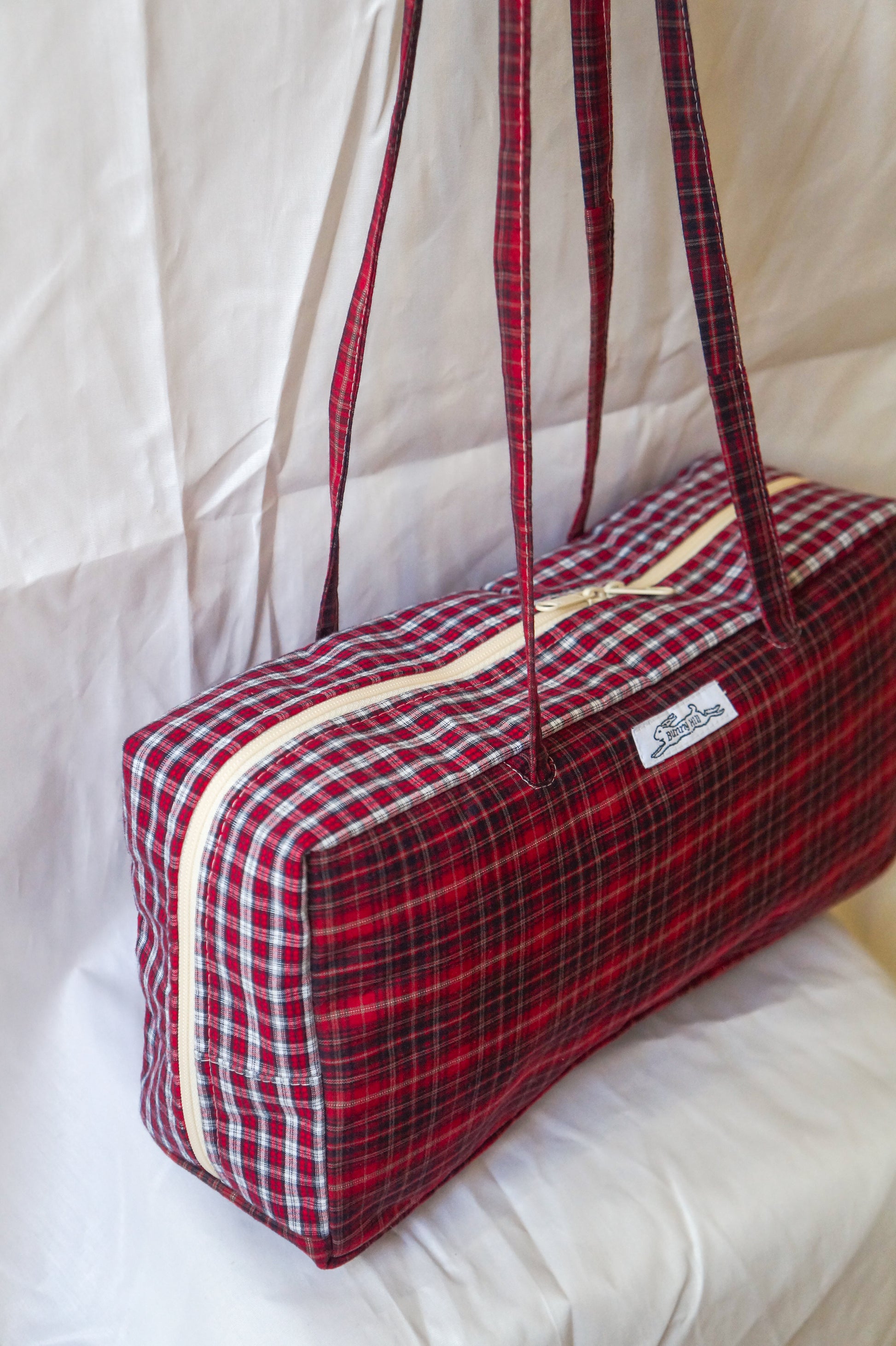 Handmade one of a kind red plaid cotton bowler bag