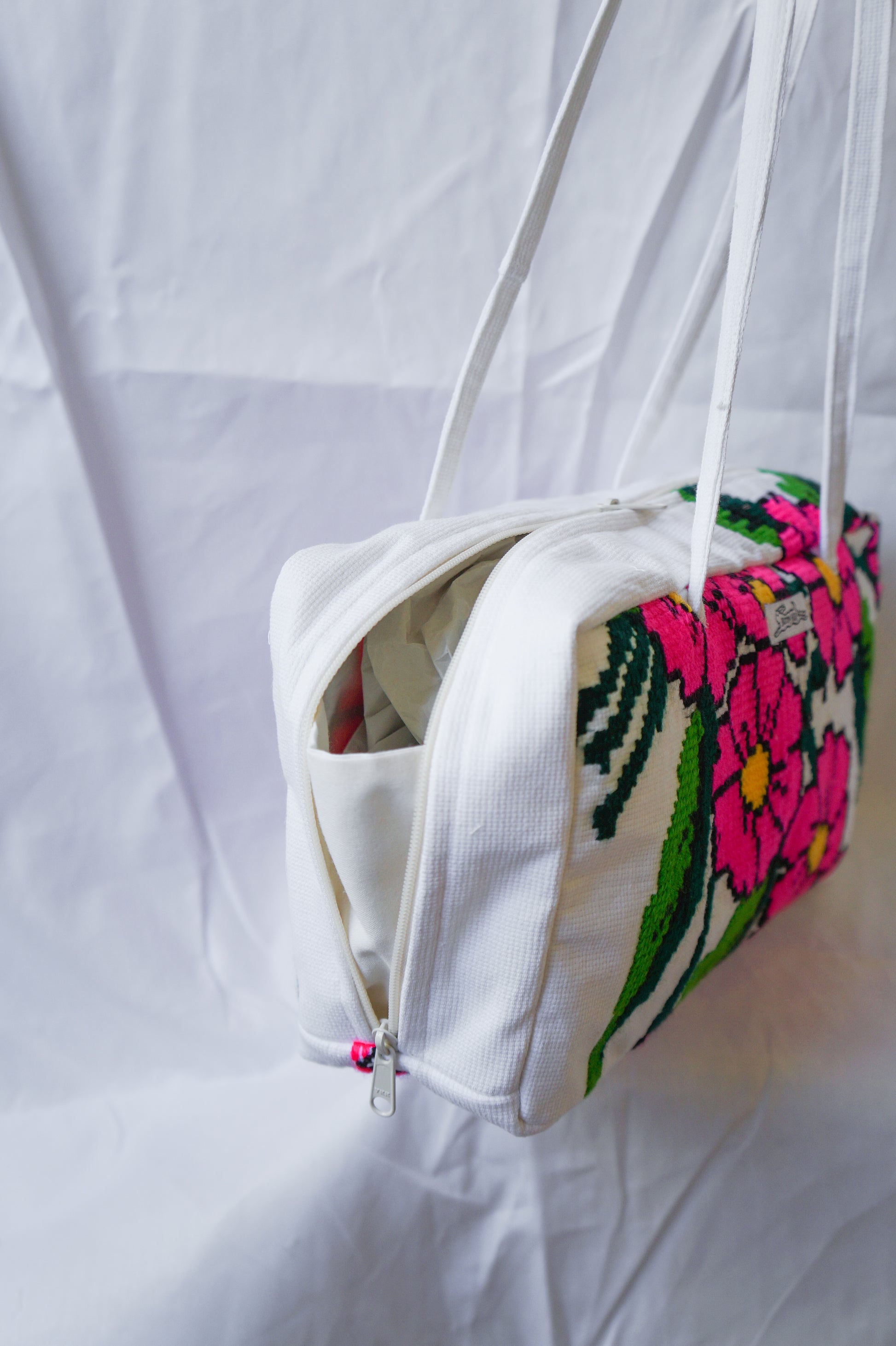 Handmade hot pink flower embroidery bowler bag