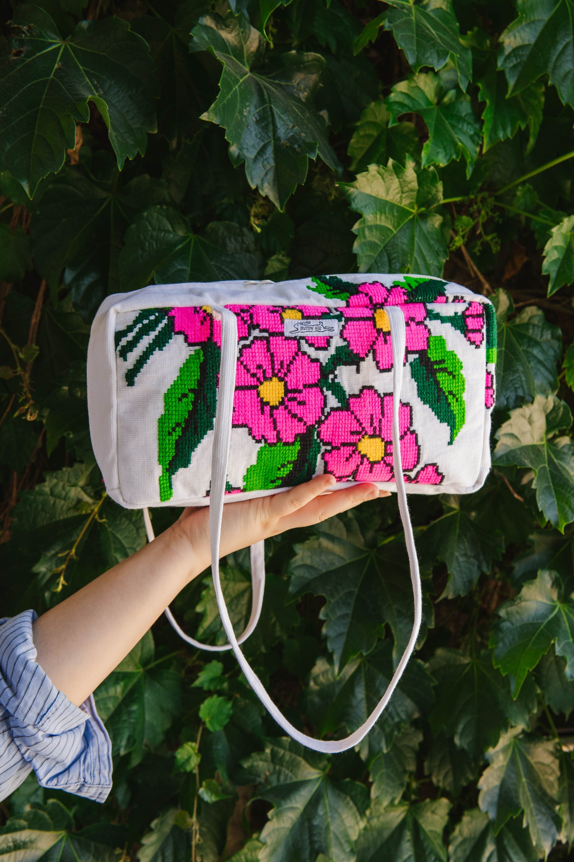 Handmade hot pink flower embroidery bowler bag