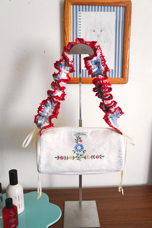 Handmade embroidered floral ruffle pochette
