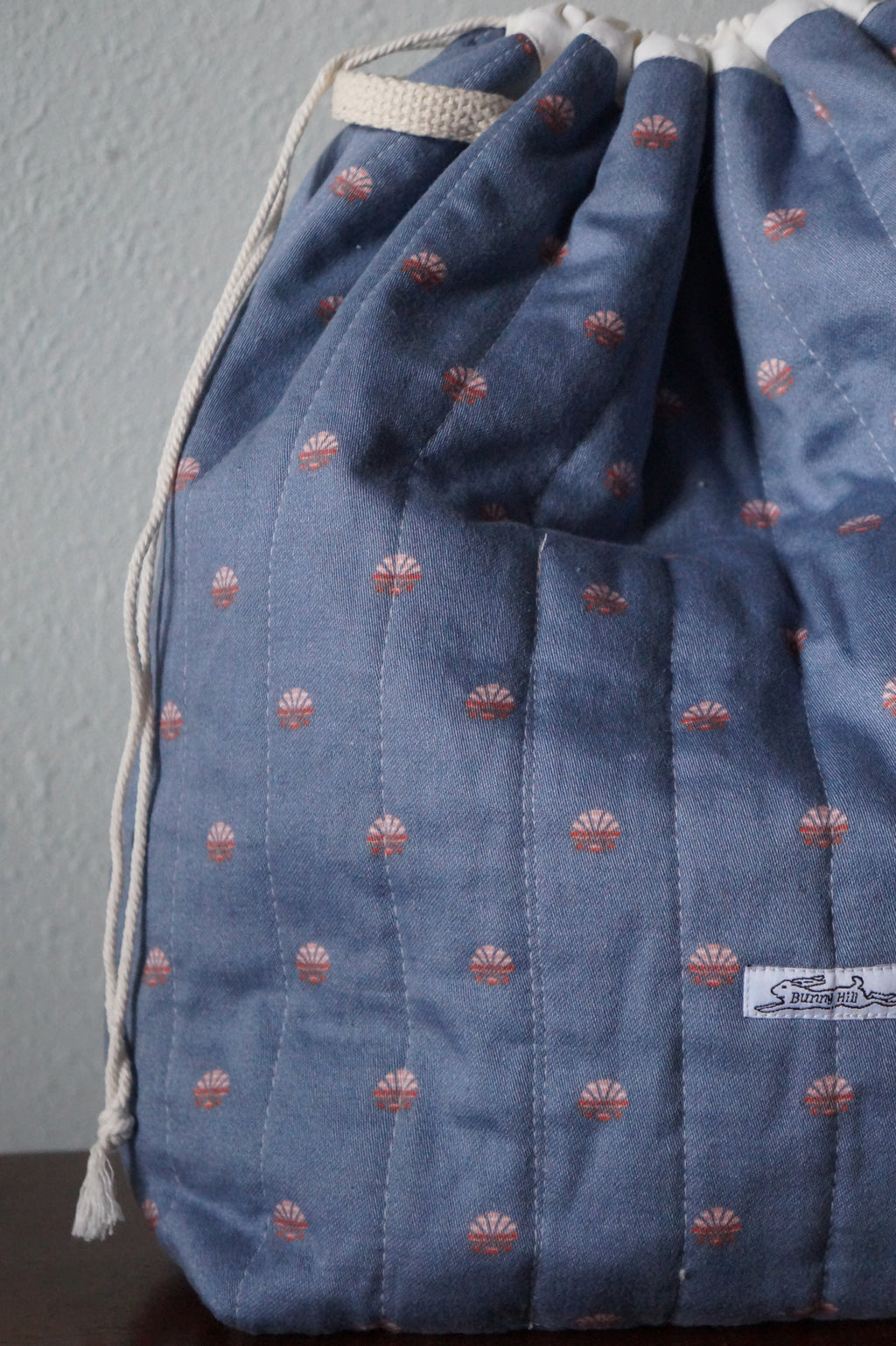 Handmade xlarge 1/1 vintage shell quilt drawstring bag