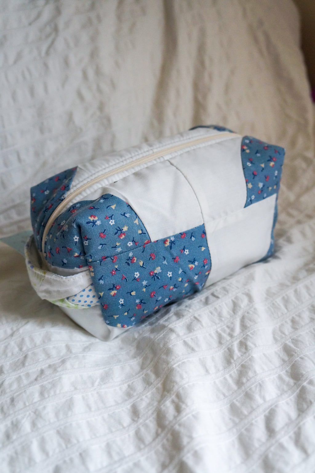 Handmade regular box pouch in blue floral quilt
