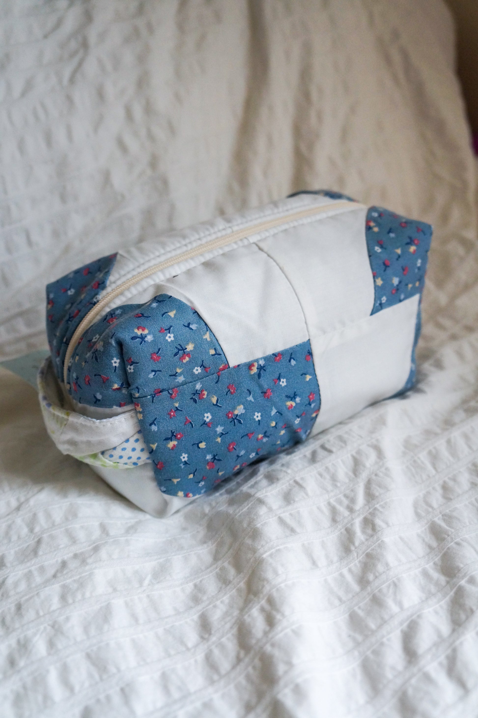 Handmade regular box pouch in blue floral quilt