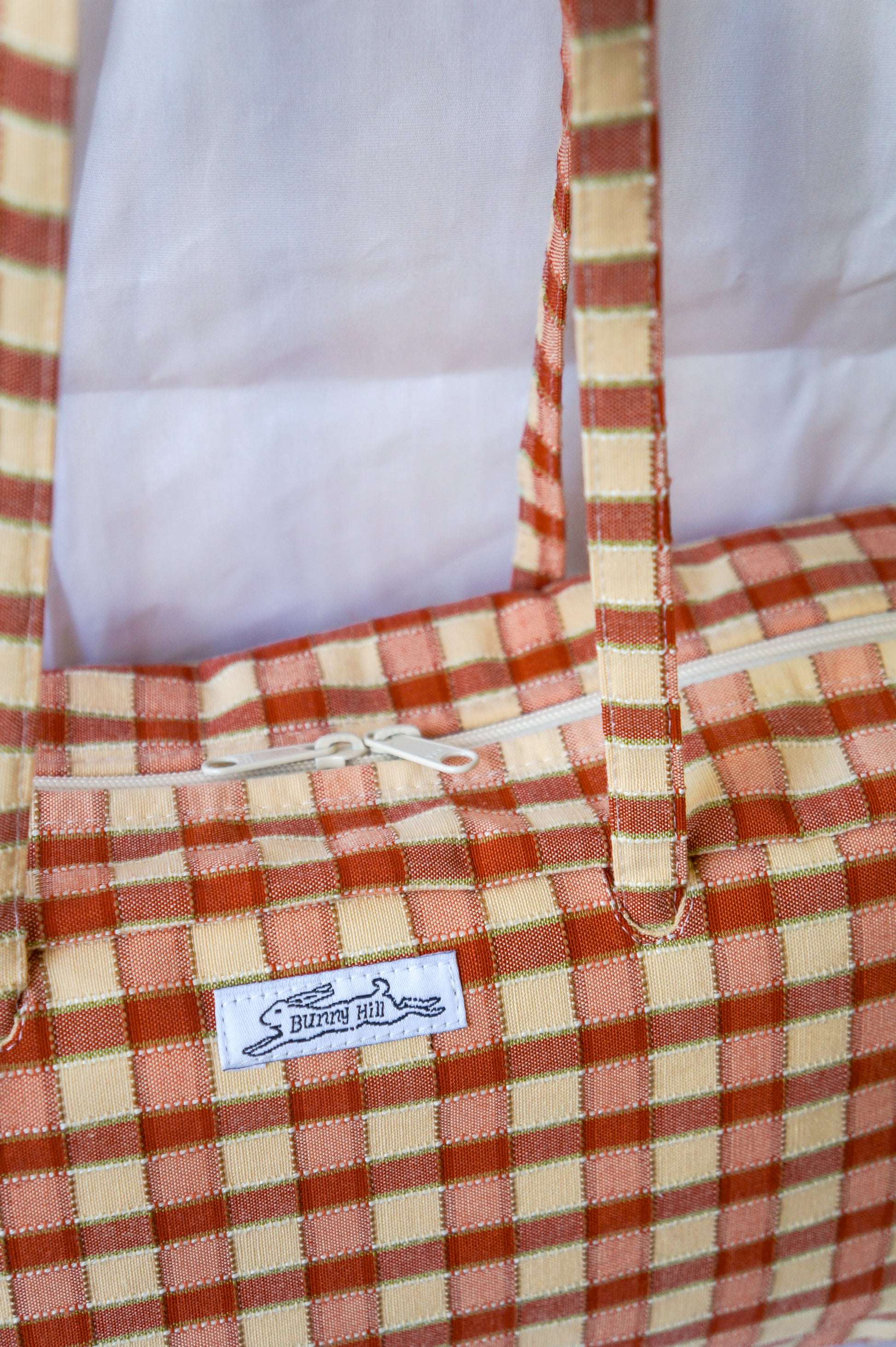 Handmade one of a kind vtg gingham curtain bowler bag