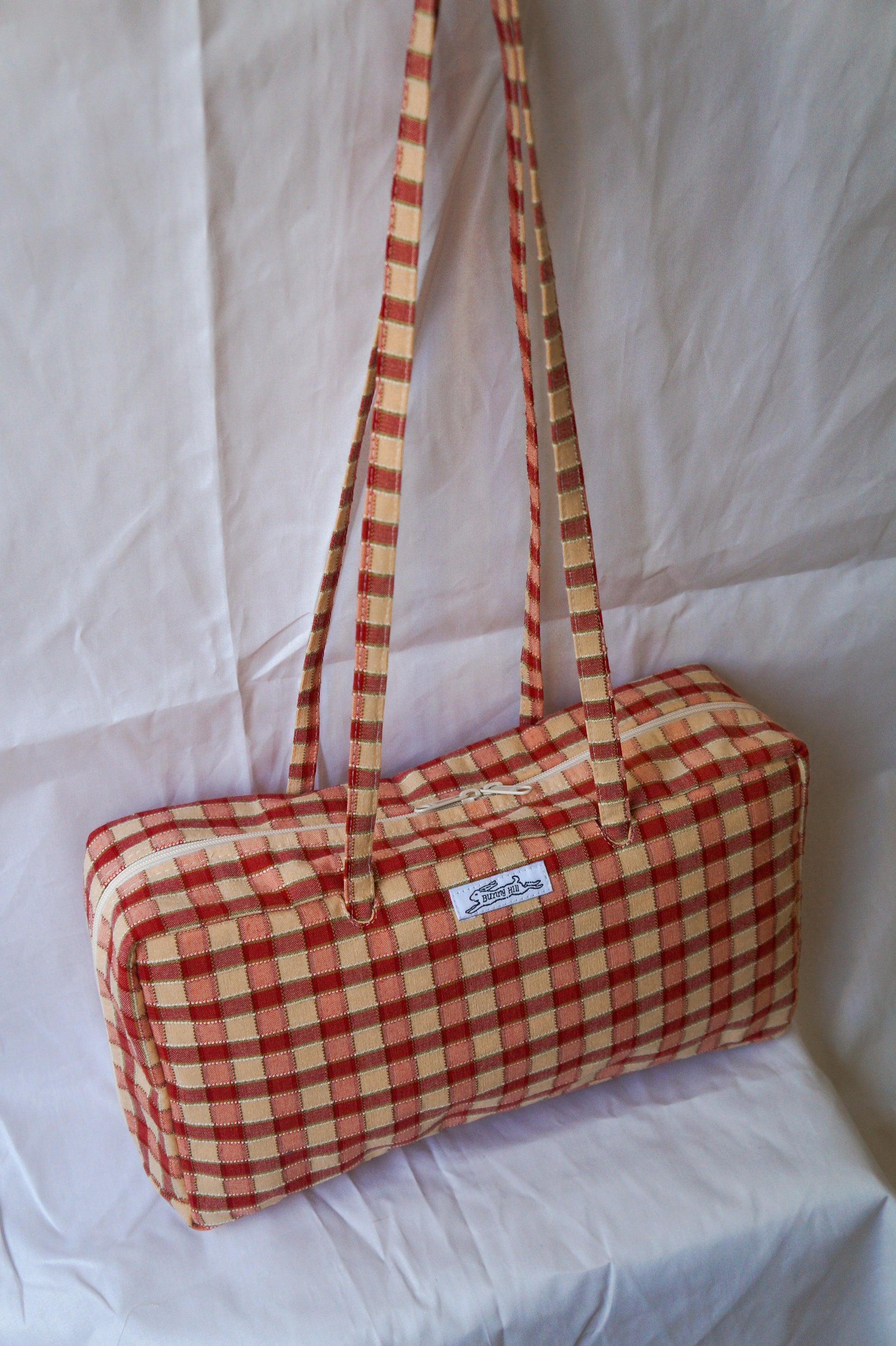 Handmade one of a kind vtg gingham curtain bowler bag