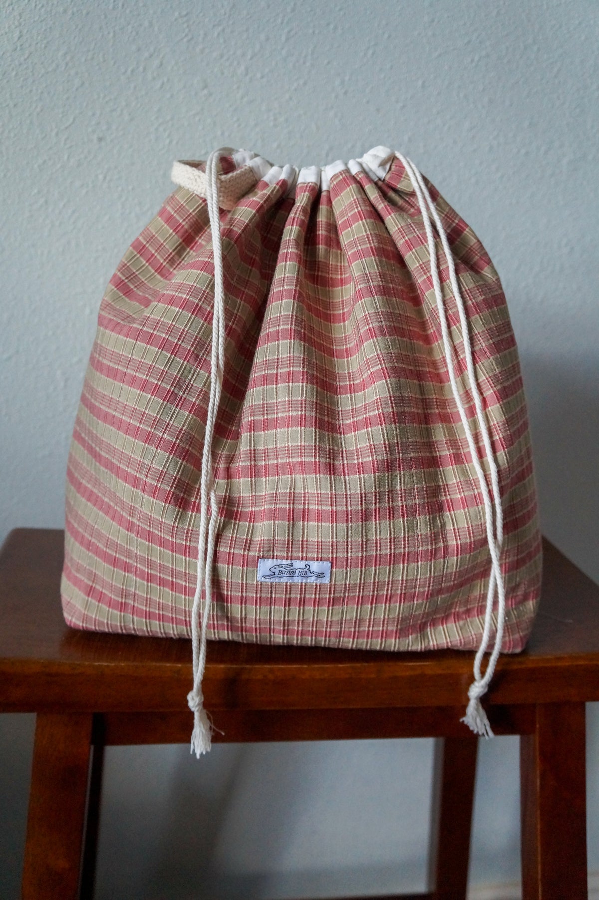 Handmade xlarge 1/1 vintage plaid quilted drawstring bag