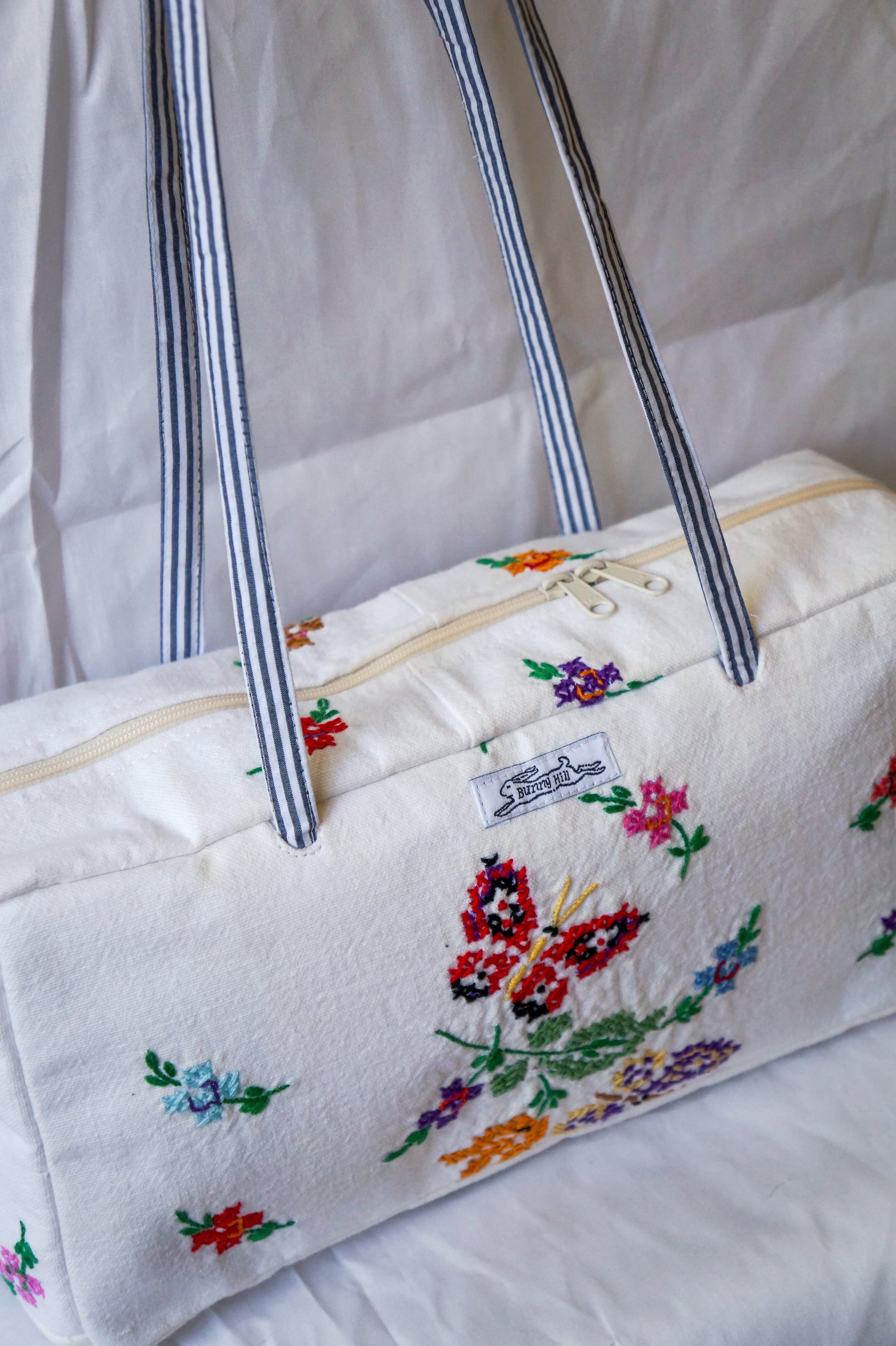 Handmade vtg embroidered butterfly bowler bag