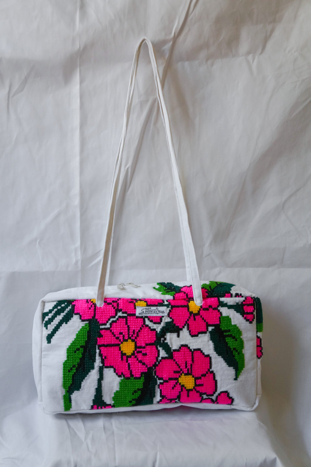 Handmade hot pink flower embroidery bowler bag