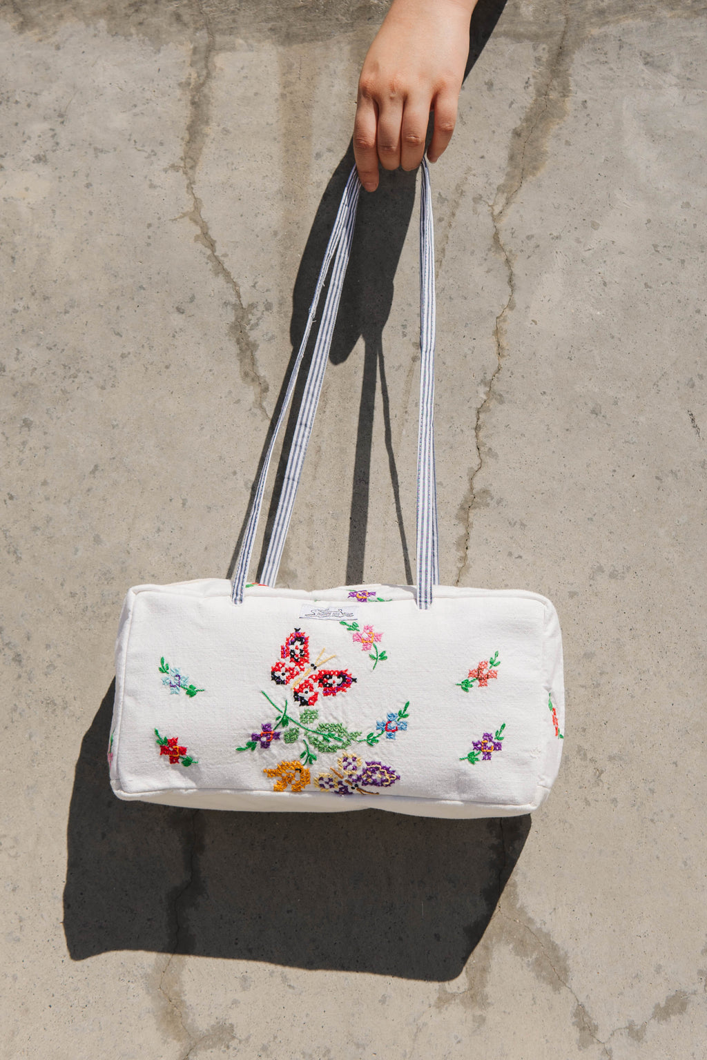 Handmade vtg embroidered butterfly bowler bag