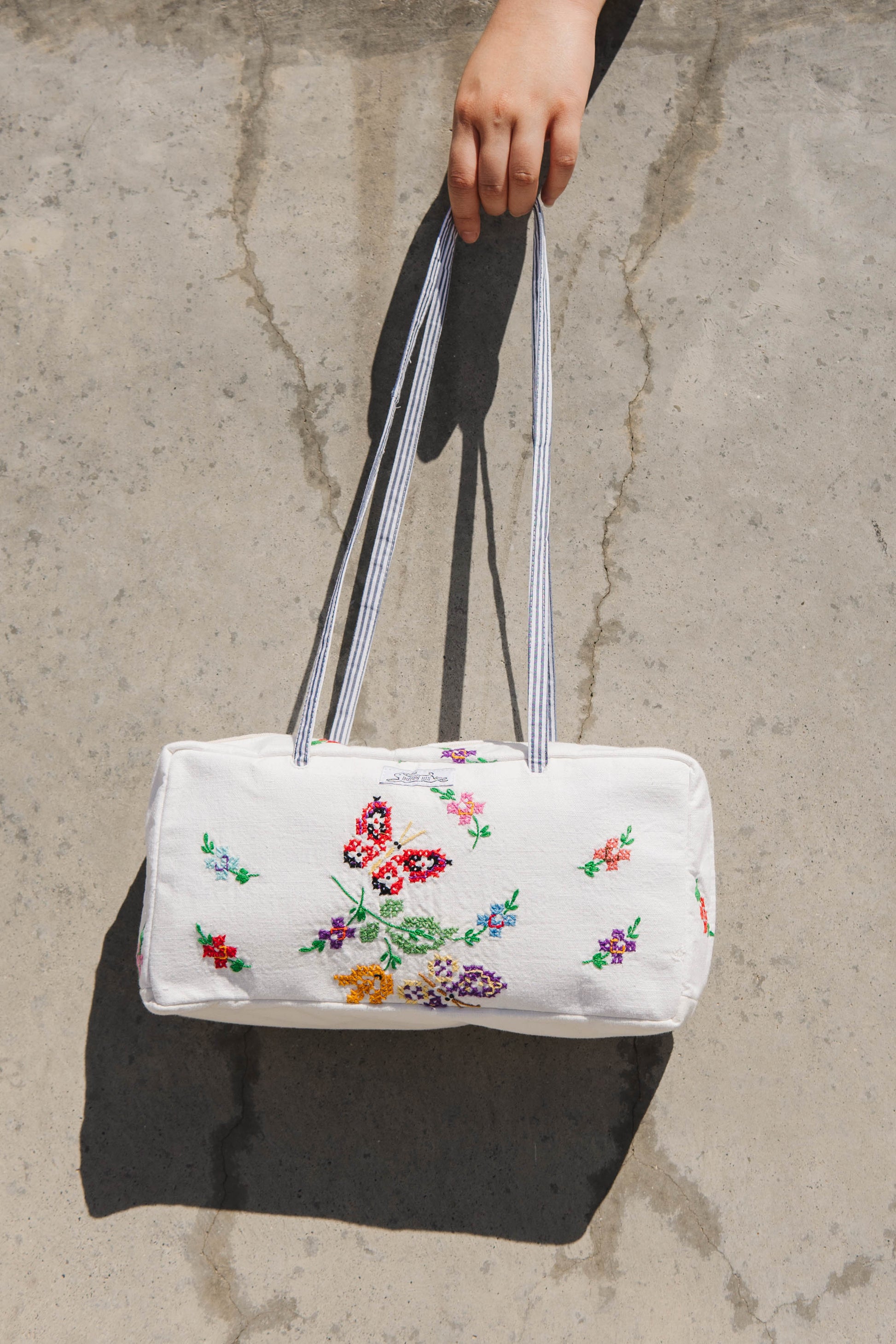 Handmade vtg embroidered butterfly bowler bag