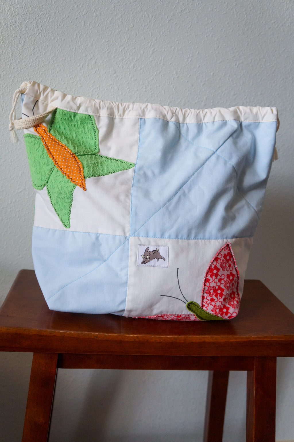 Handmade large 1/1 vintage butterfly quilt drawstring bag
